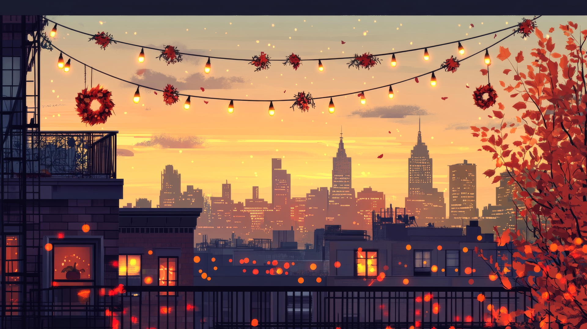 thanksgiving wallpaper of city skyline at sunset with festive decorations