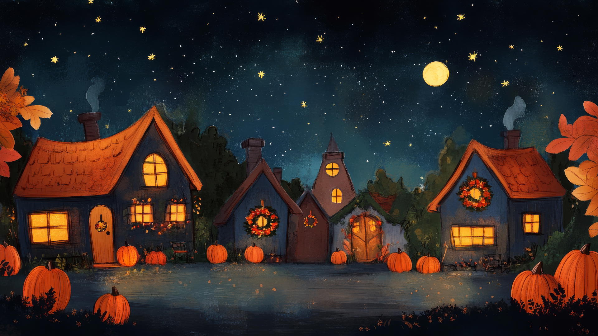 thanksgiving wallpaper aesthetic with cozy village scene, cottages, wreaths, pumpkins, starry night