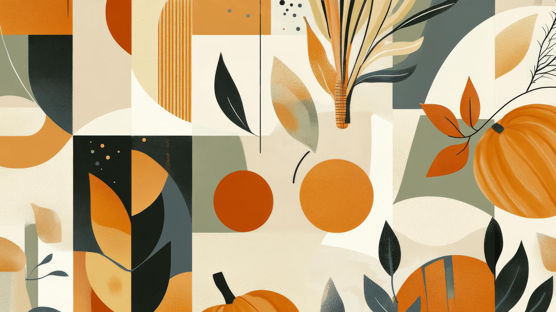 aesthetic thanksgiving wallpaper with abstract pumpkins, leaves, and corn