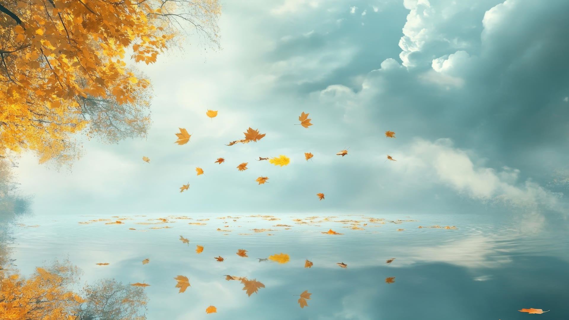aesthetic thanksgiving wallpaper with golden leaves floating above a reflective pond