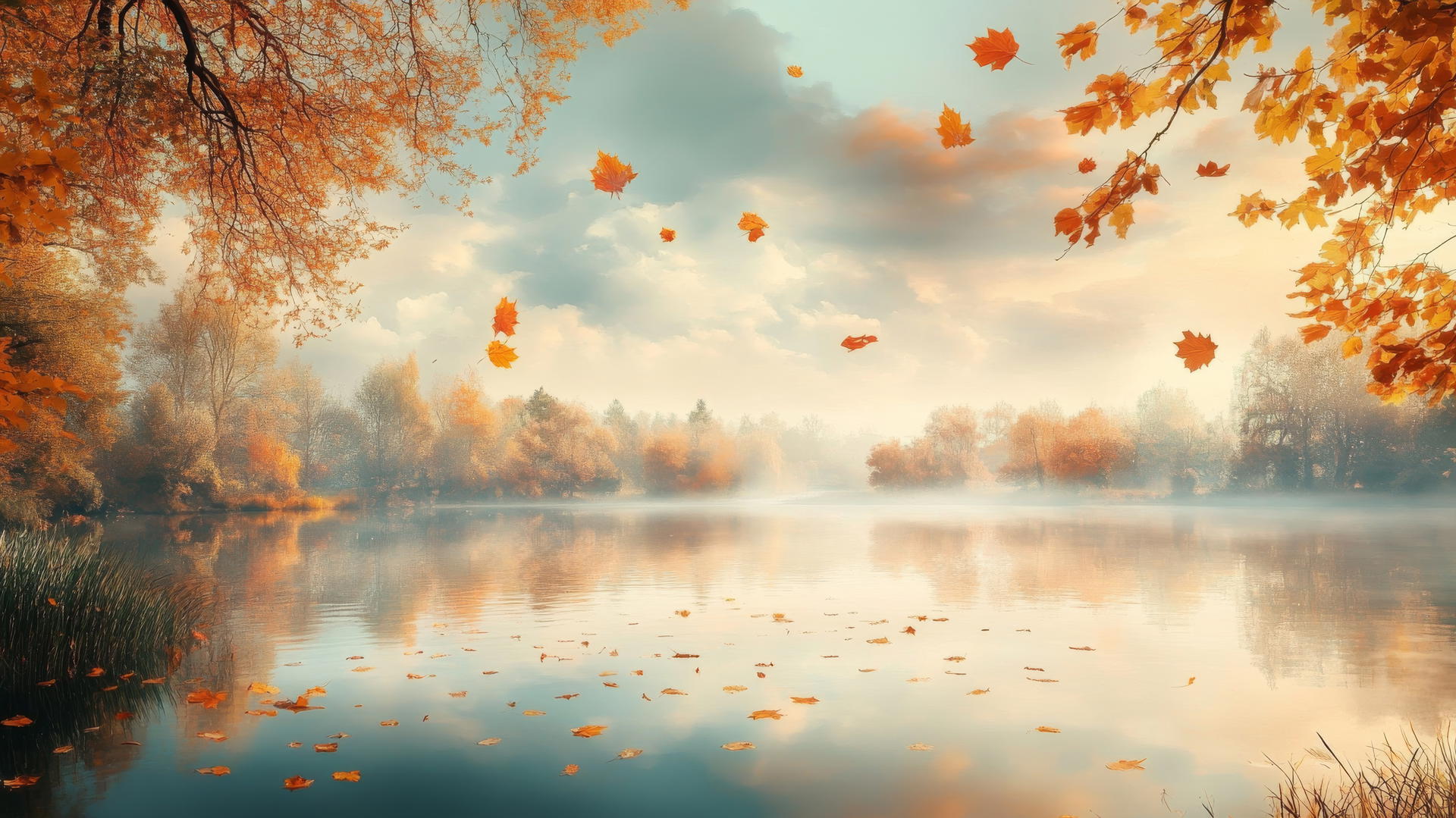 Aesthetic thanksgiving wallpaper of golden leaves floating over a mirror-like pond reflecting a cloudy autumn sky.