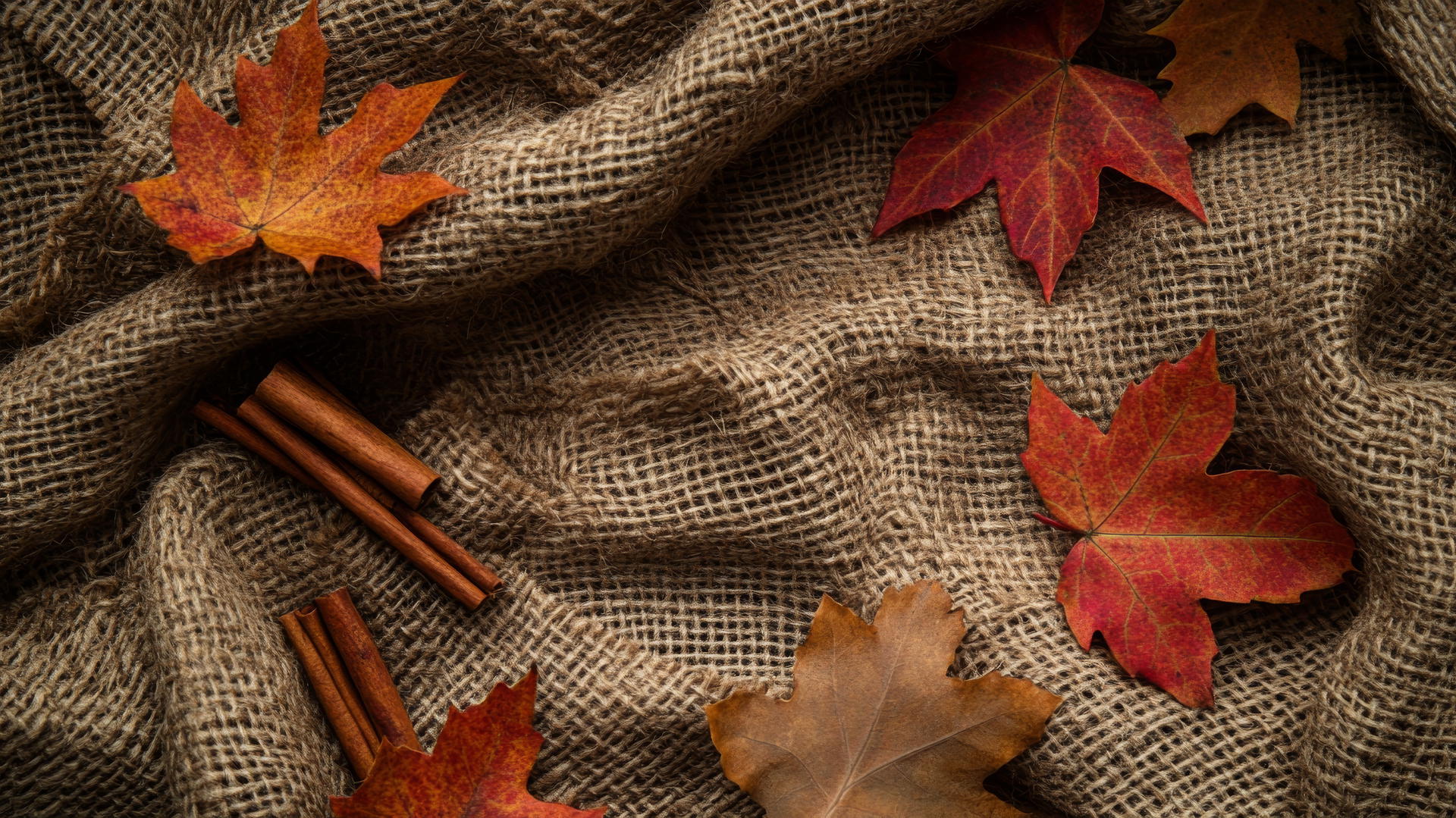 thanksgiving aesthetic wallpaper with burlap, linen, leather textures, autumn leaves, and cinnamon sticks