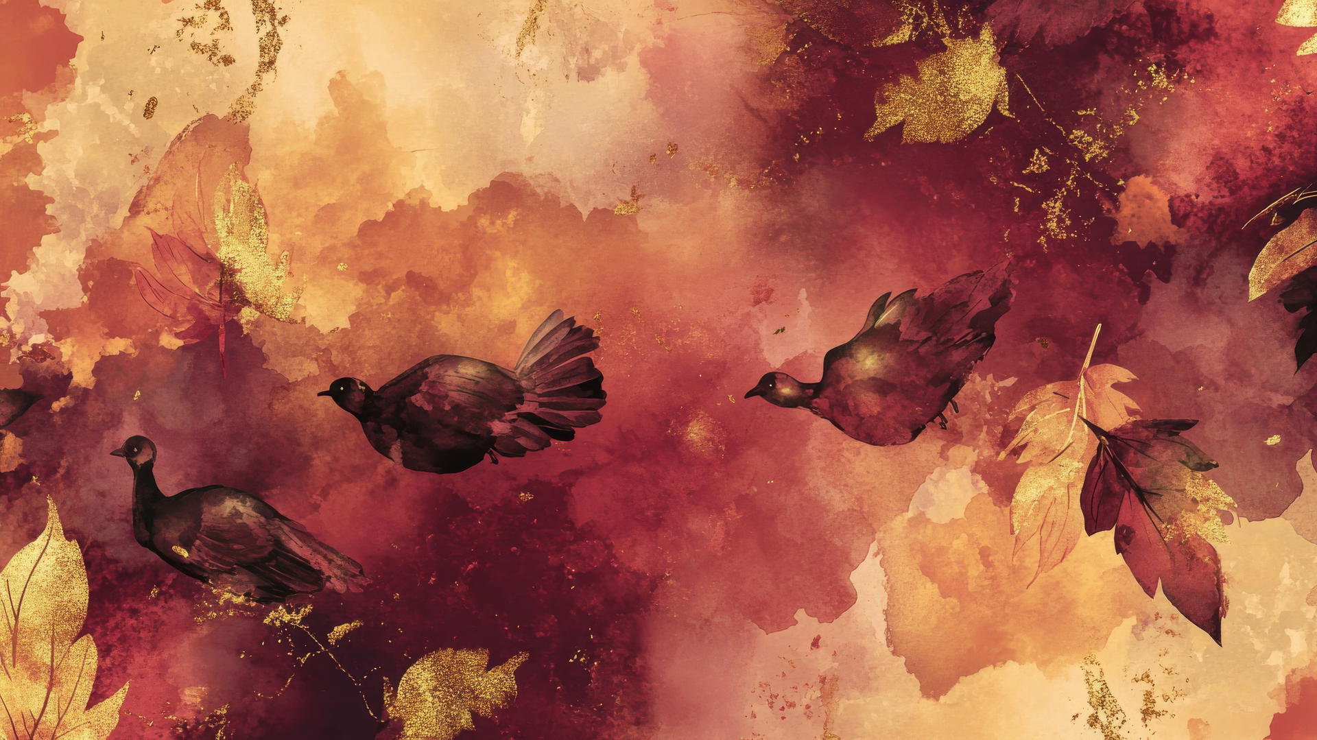 thanksgiving aesthetic wallpaper with abstract watercolor wash in burgundy, orange, gold, forming turkeys and leaves