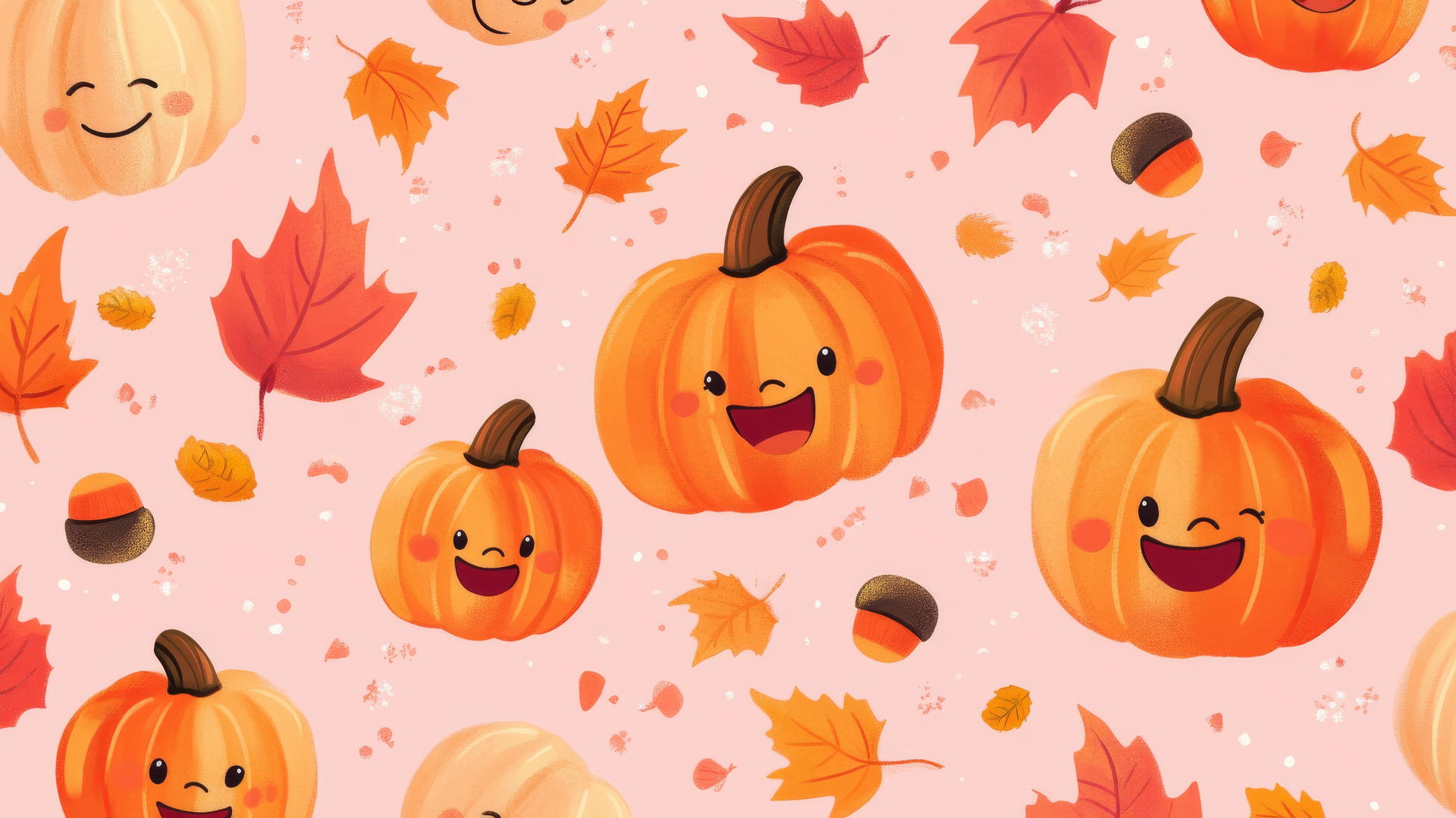 Wallpaper cute thanksgiving backgrounds with cartoon pumpkins, acorns, and fall leaves on a pastel pink background.