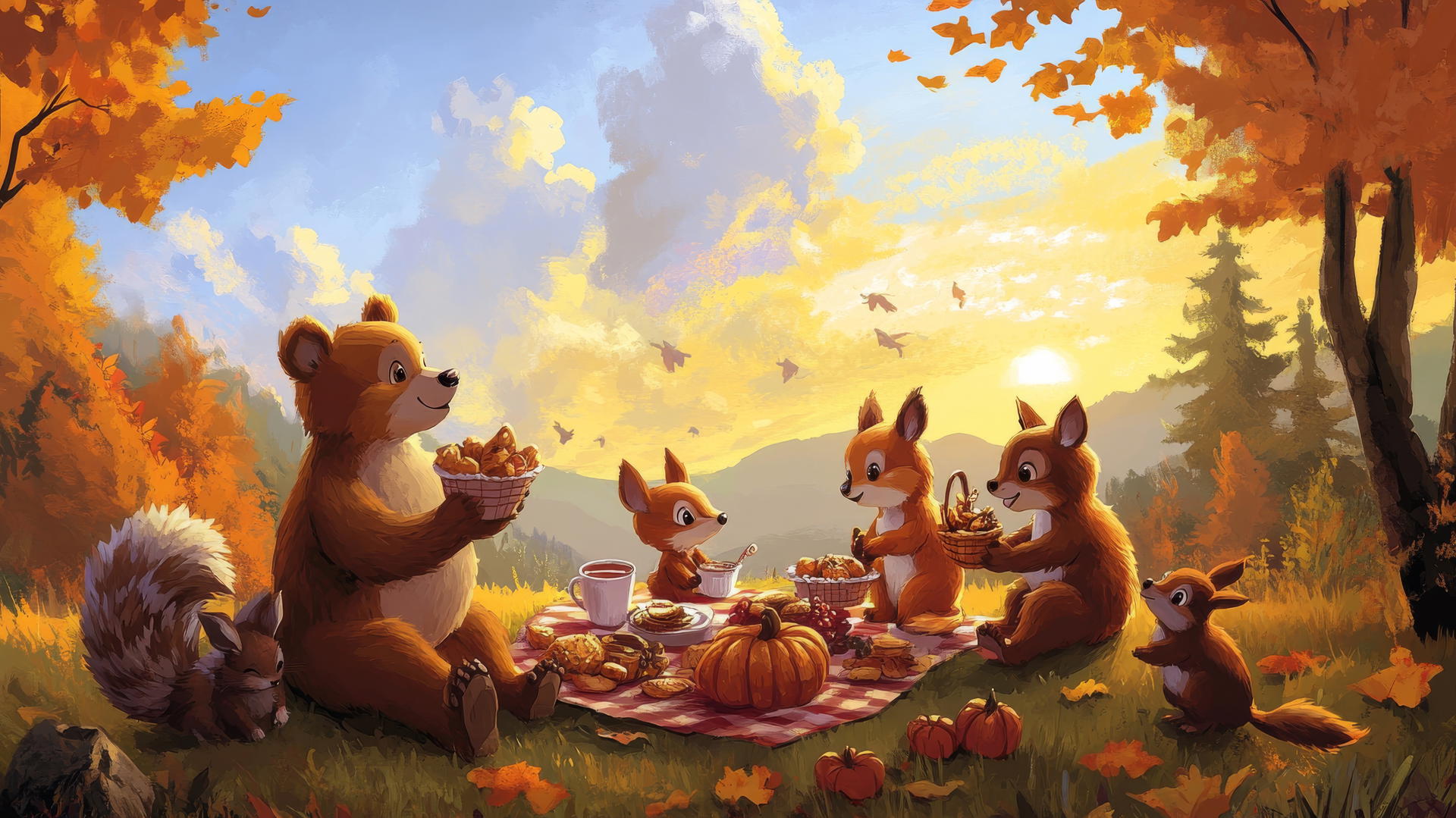 Wallpaper cute thanksgiving backgrounds with cartoon animals sharing a picnic at sunset