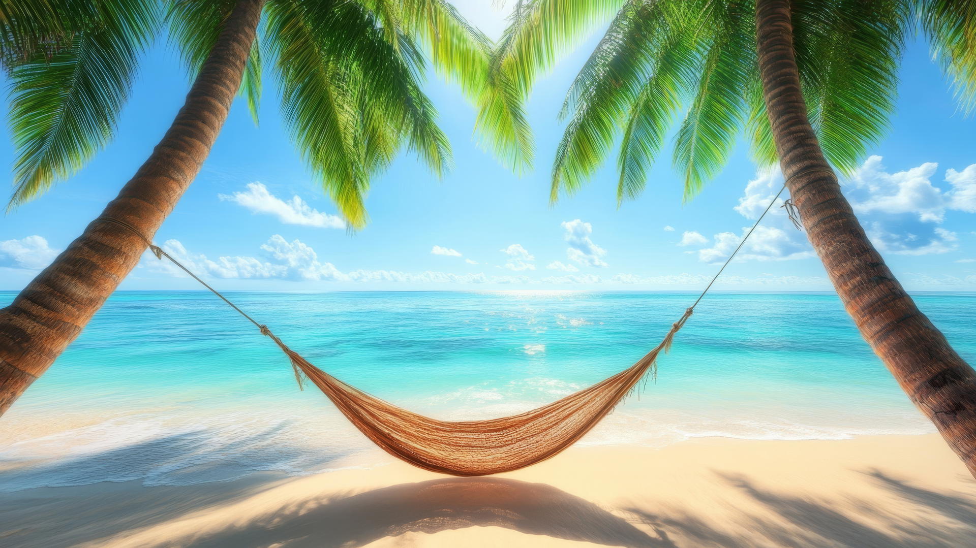hammock between palm trees on a tropical beach with turquoise ocean, summer wallpaper