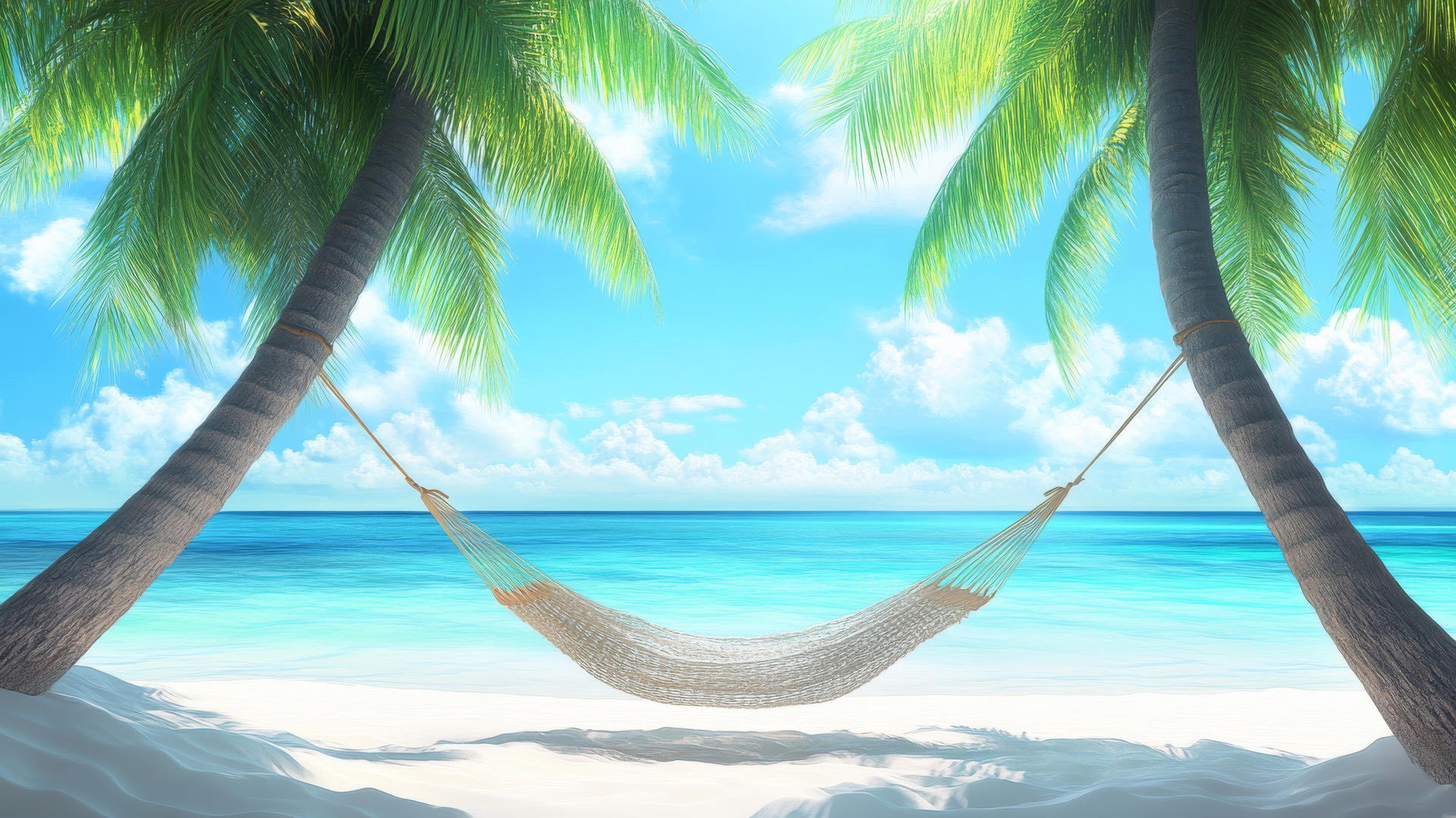 A hammock between palm trees on a tropical beach with turquoise ocean - summer wallpaper