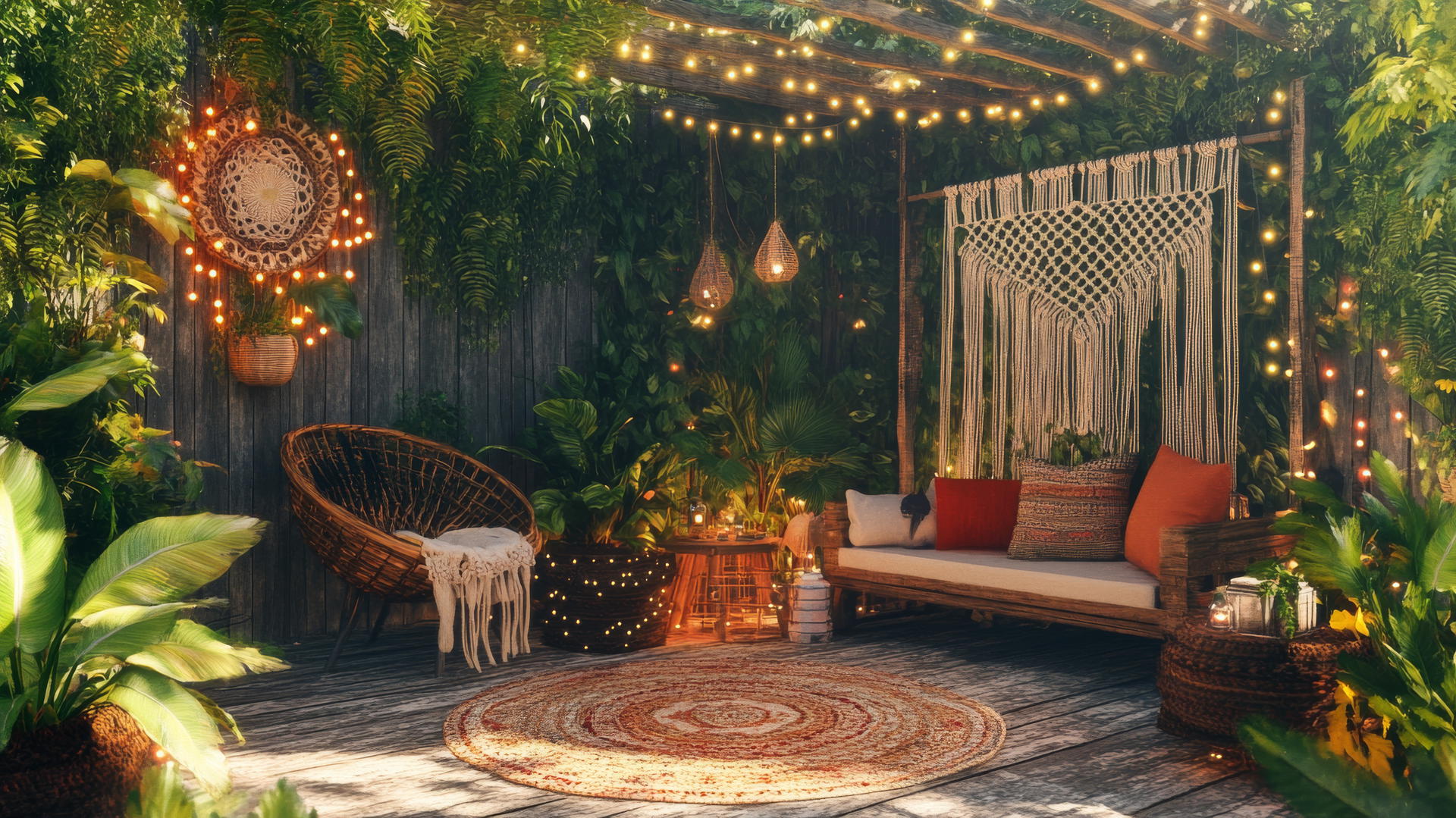 Bohemian-style summer aesthetic wallpaper with fairy lights and macrame