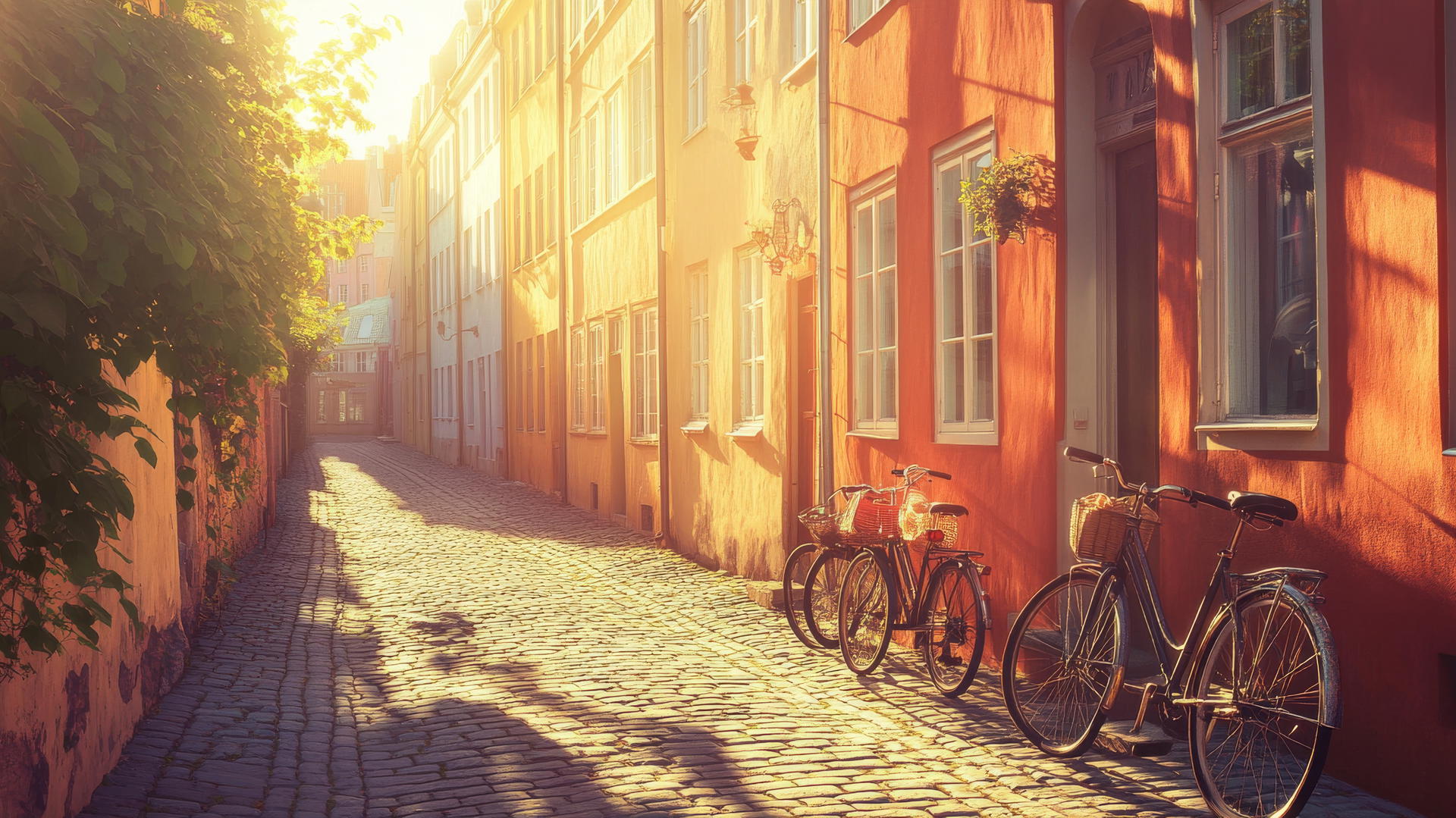 summer aesthetic wallpaper with sun-drenched cityscape, pastel buildings, cobblestone streets