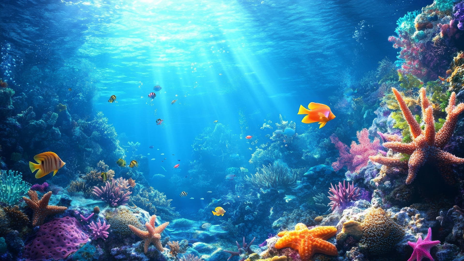 Summer background wallpaper of vibrant coral reef with colorful fish.