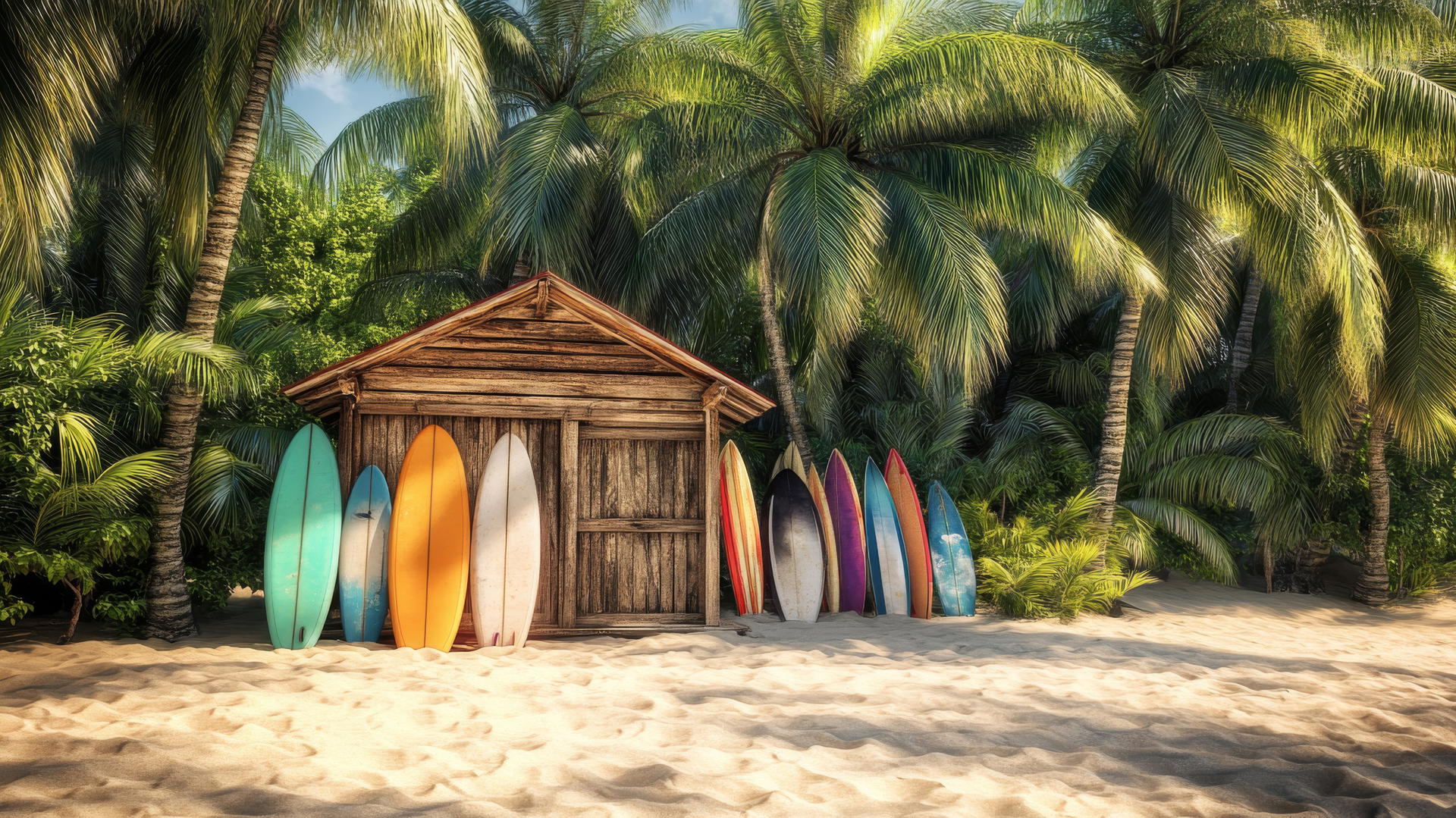 rustic surf shack on beach with surfboards, summer background wallpaper