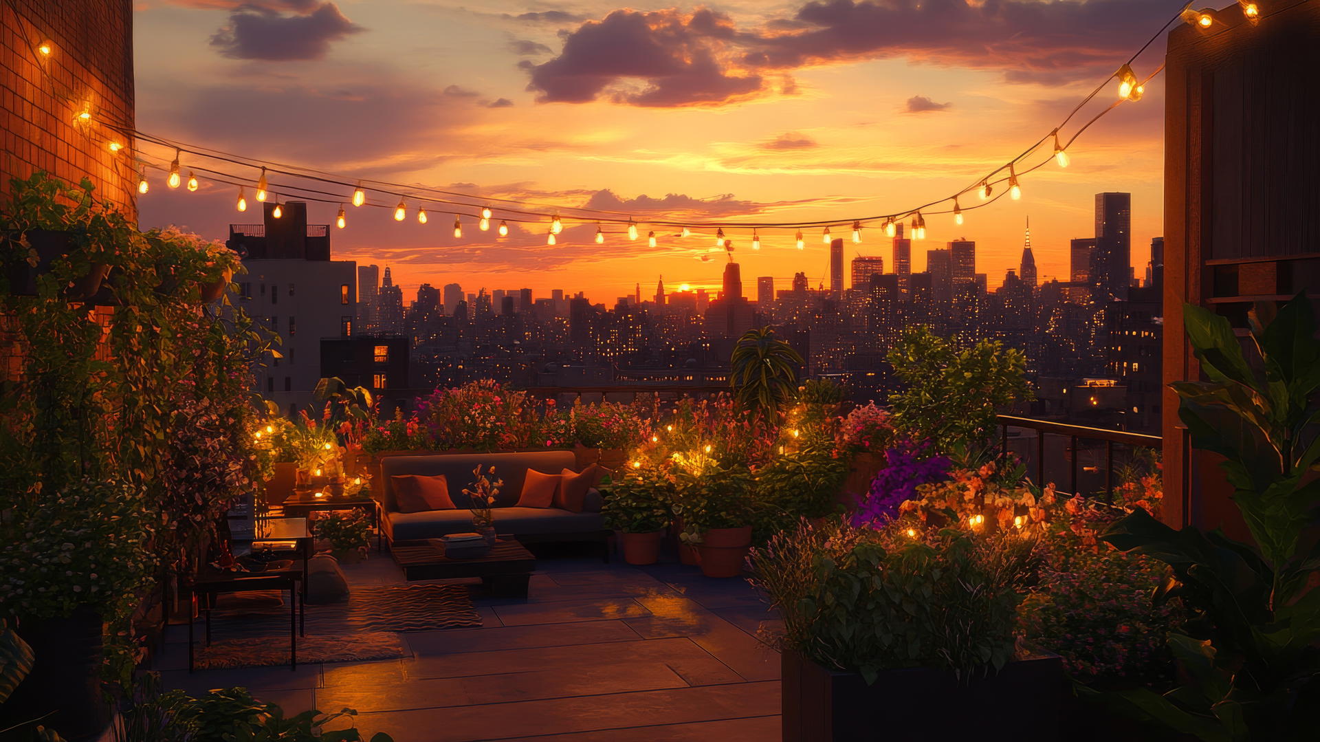 urban rooftop garden with plants and city skyline, summer wallpaper aesthetic