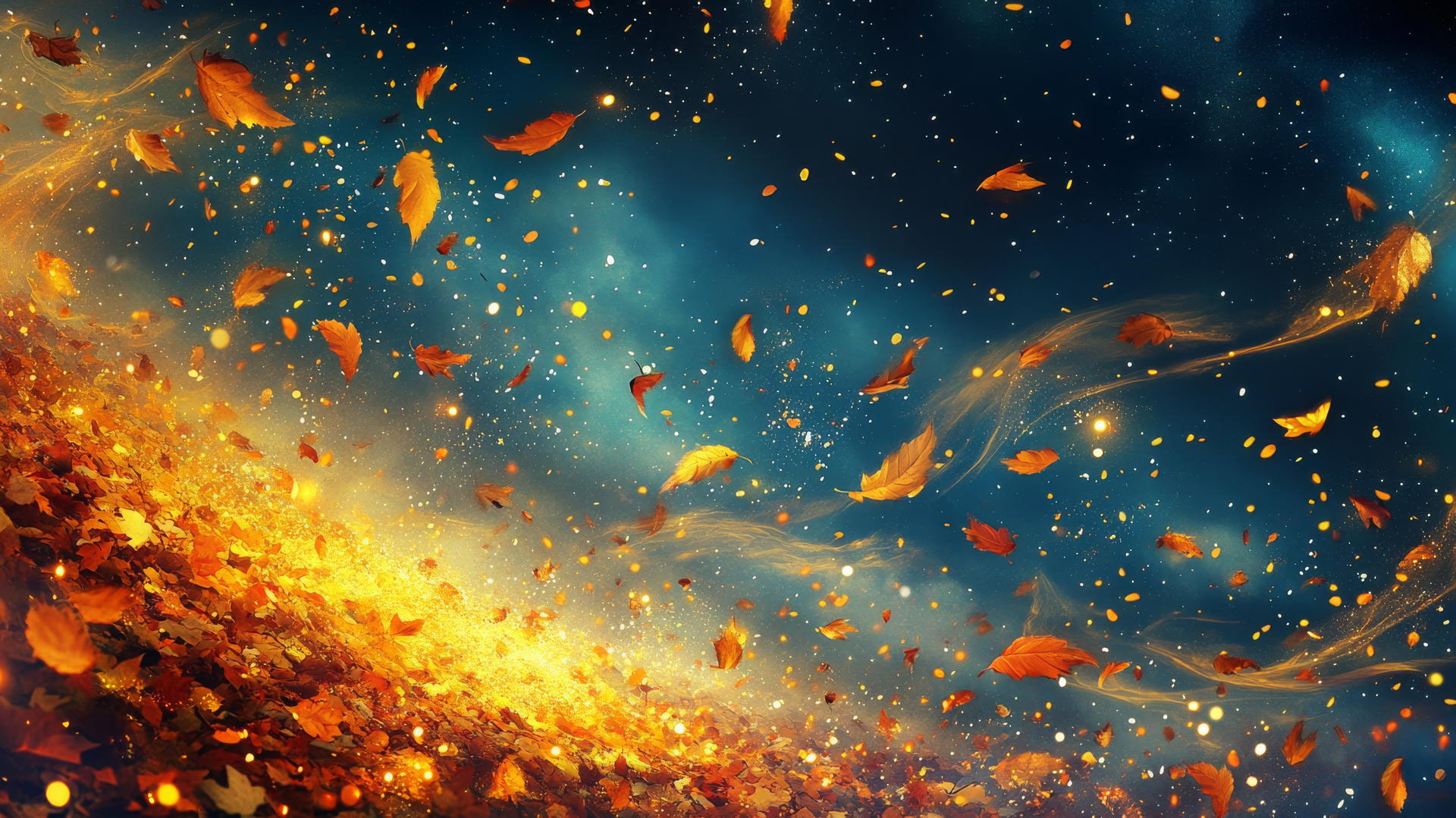 thanksgiving wallpaper with falling autumn leaves and golden light against a twilight sky