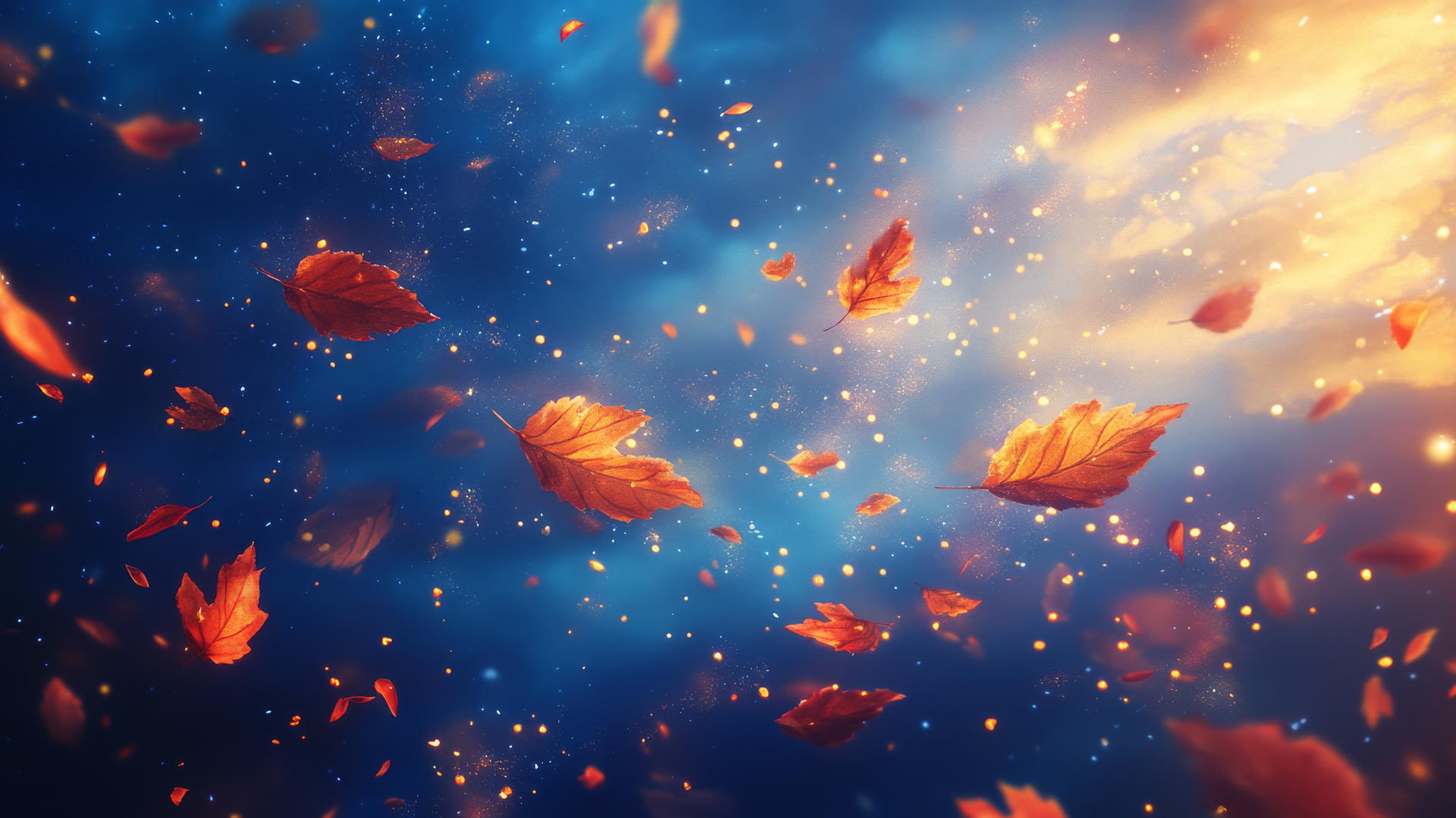 dynamic composition of falling autumn leaves and swirling golden light for thanksgiving wallpaper