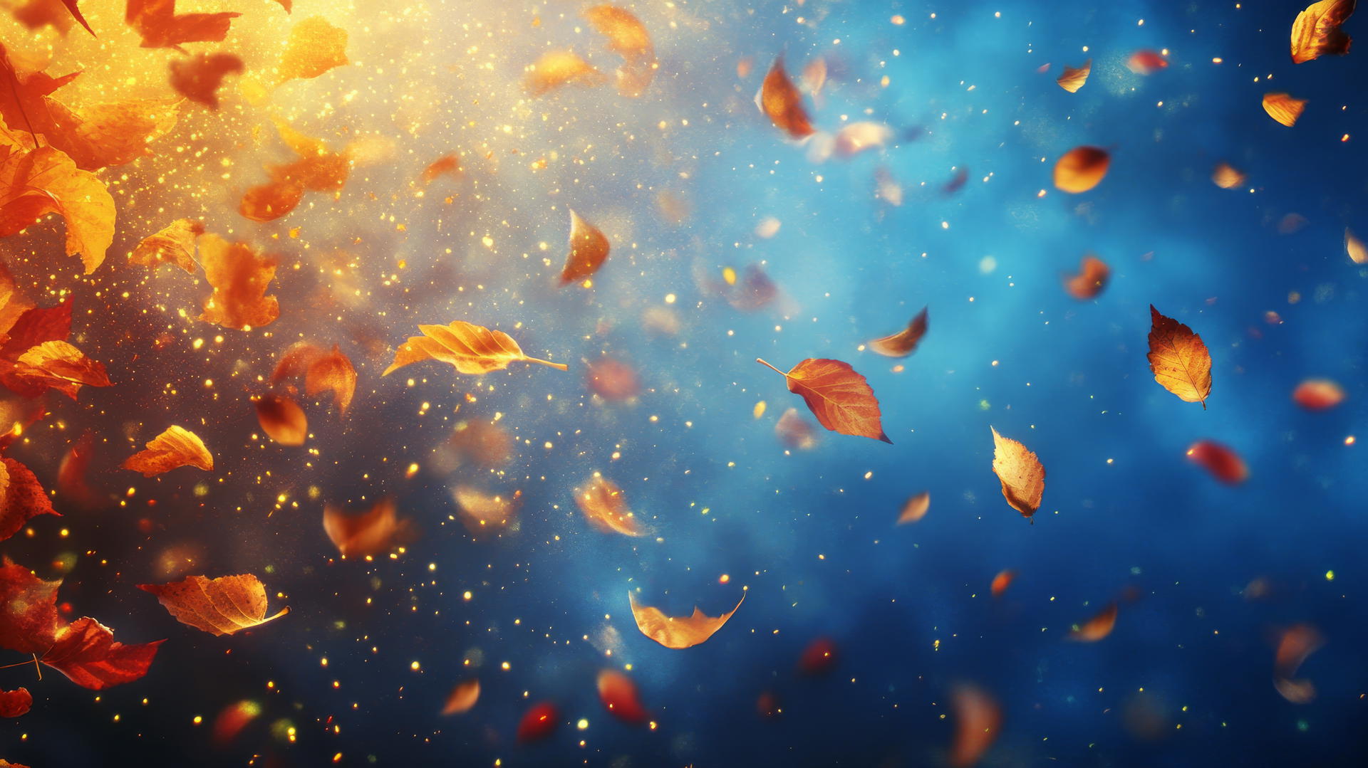 Thanksgiving wallpaper with falling autumn leaves and swirling golden light against a deep blue twilight sky
