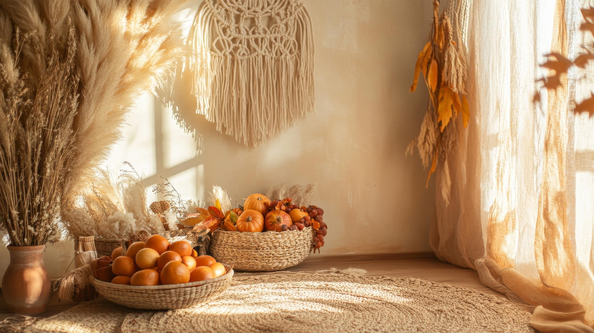 thanksgiving wallpaper aesthetic with bohemian macramé, pampas grass, woven baskets and autumnal fruits