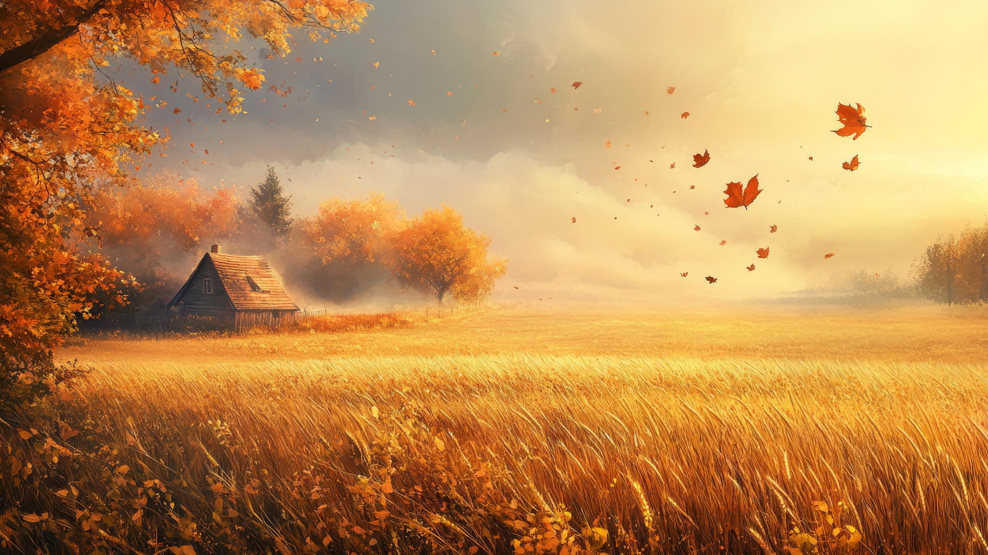 aesthetic thanksgiving wallpaper of a misty autumn morning with a distant farmhouse
