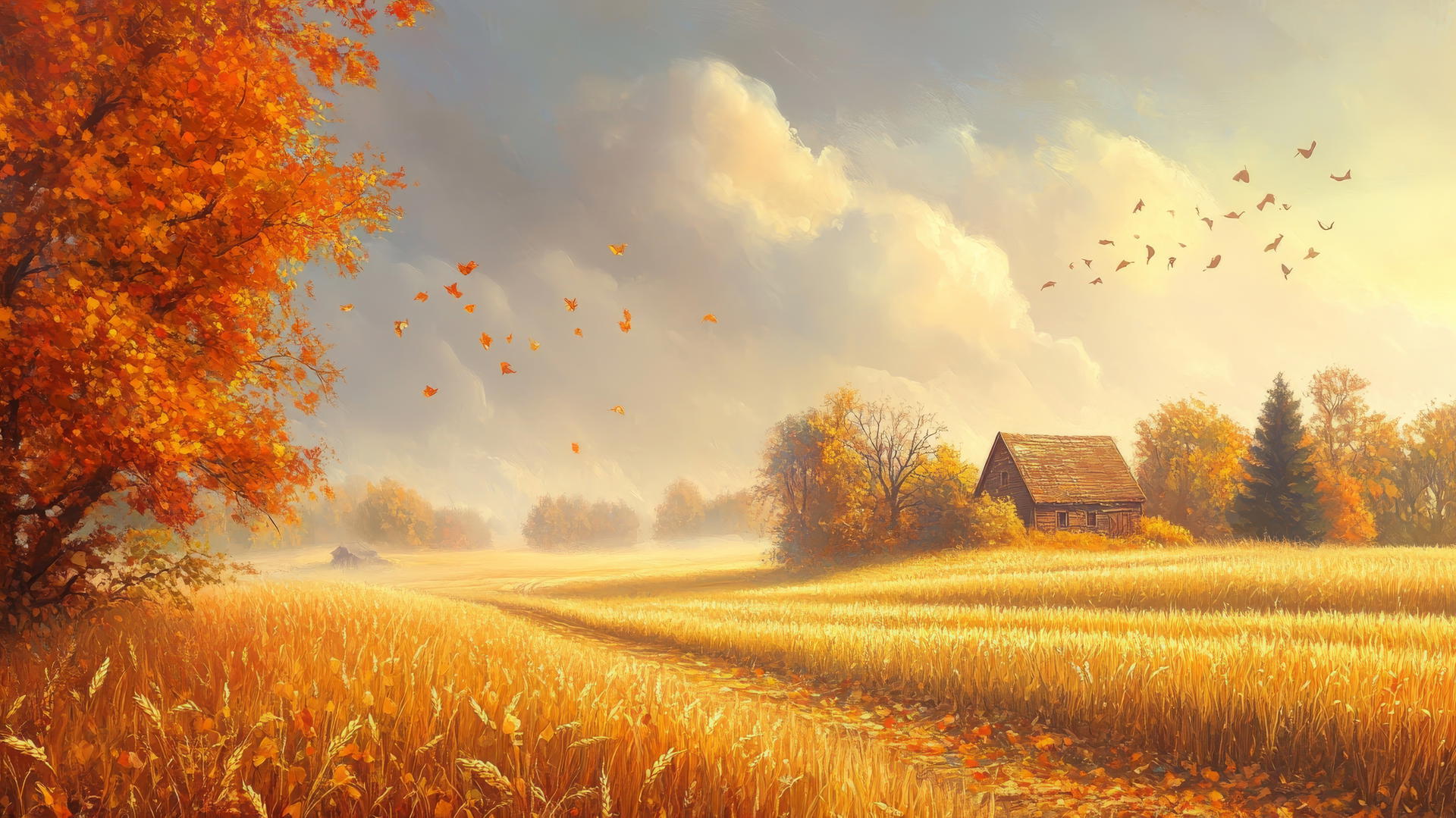 Aesthetic Thanksgiving wallpaper with a misty autumn morning and farmhouse.