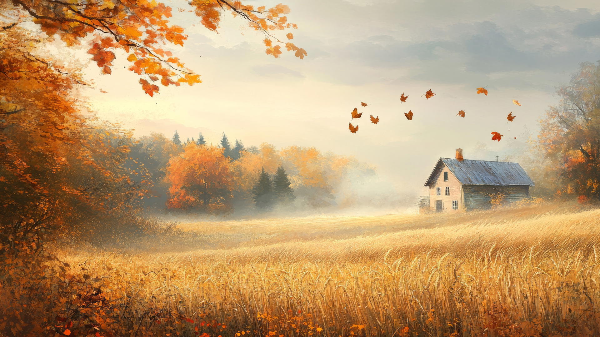 aesthetic thanksgiving wallpaper of an autumn morning landscape with farmhouse