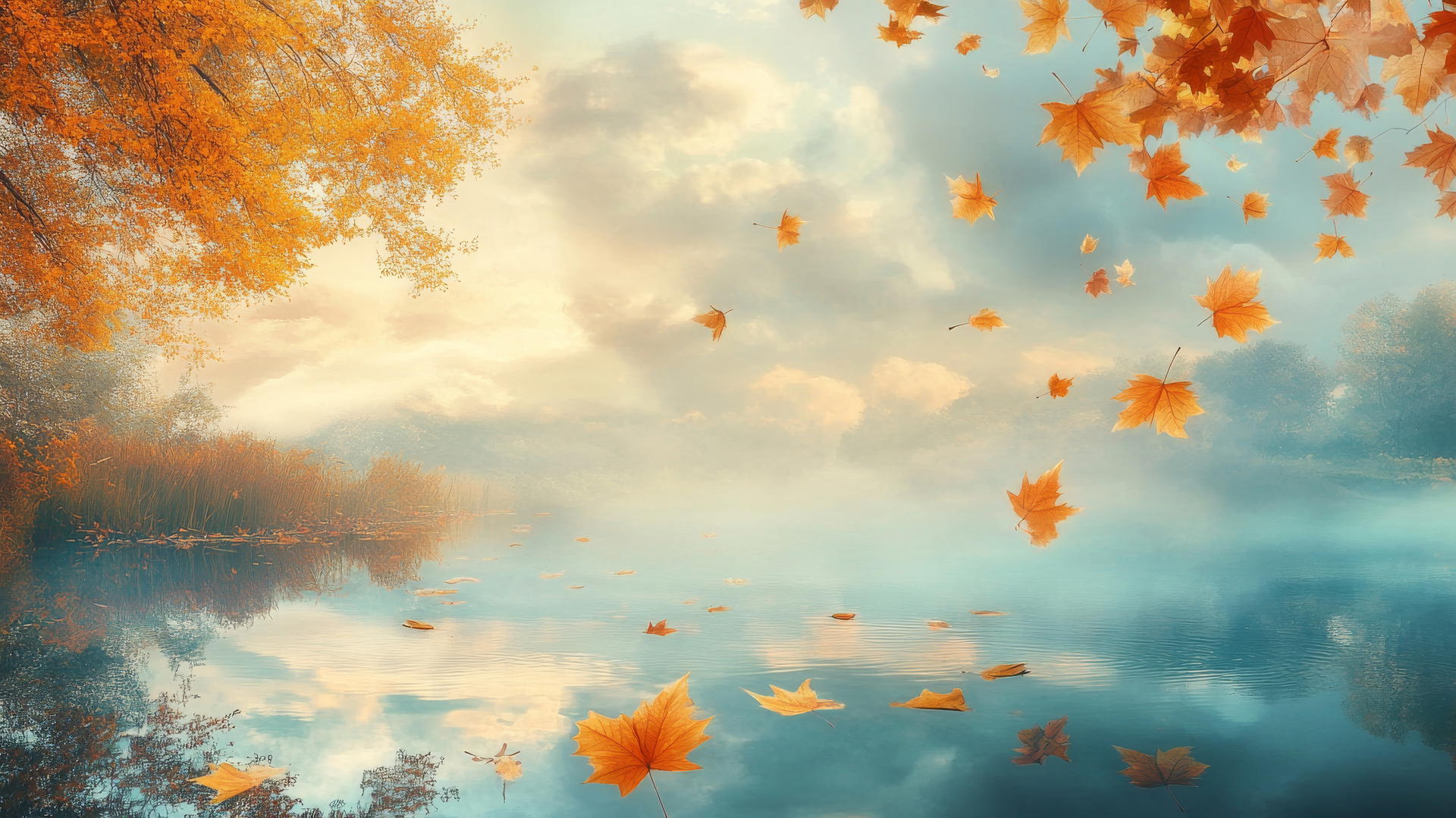 aesthetic thanksgiving wallpaper with golden leaves floating above a mirror-like pond