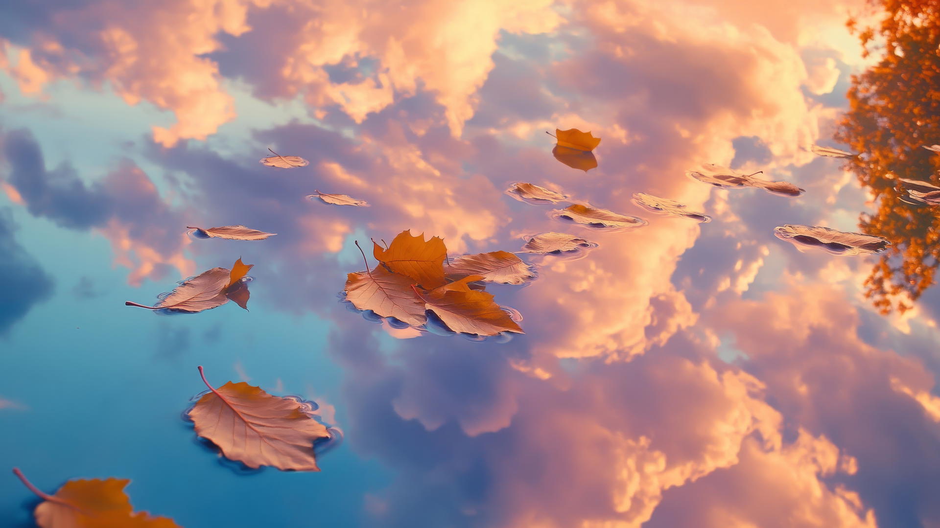 aesthetic thanksgiving wallpaper with golden leaves floating above a mirror-like pond reflecting a cloudy autumn sky