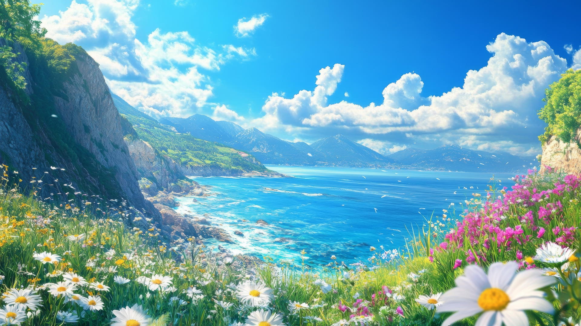 Scenic coastal cliffside view with wildflowers and ocean vista, summer aesthetic wallpaper