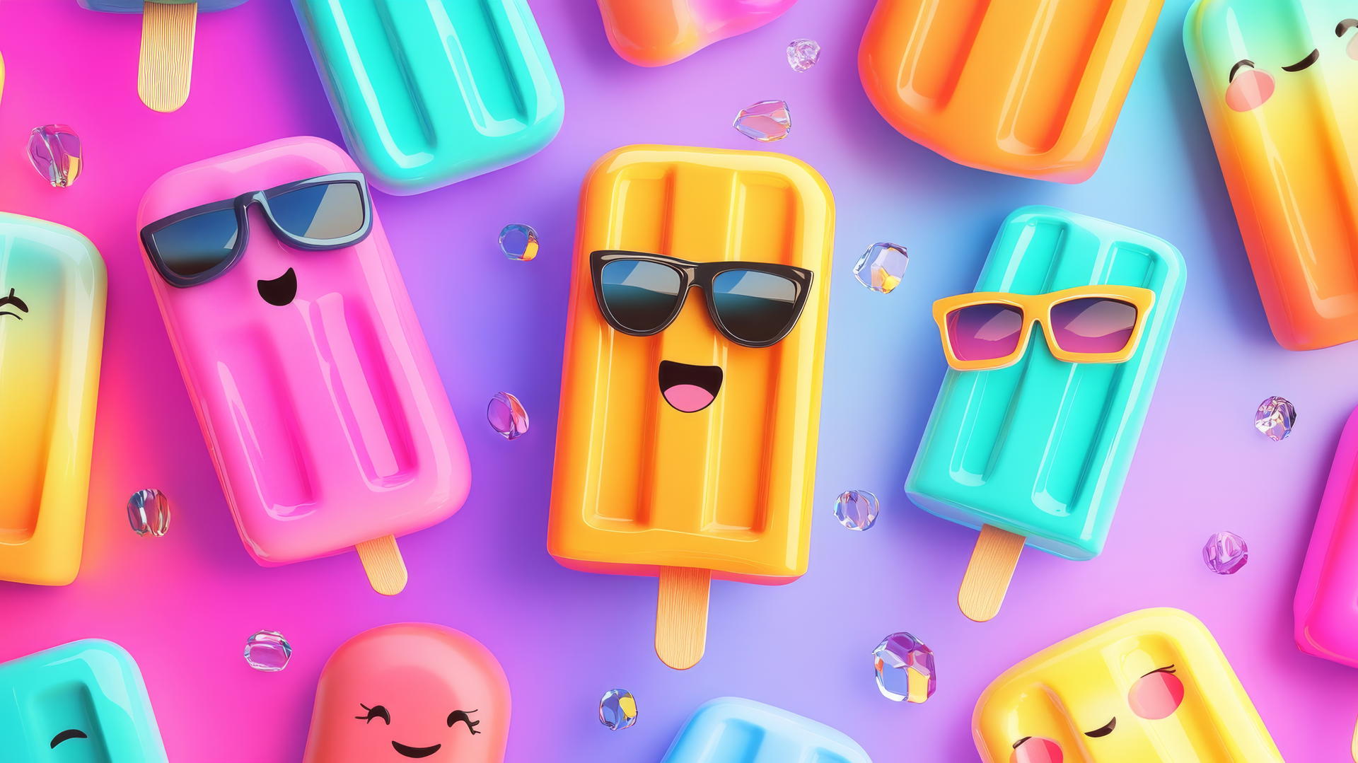 cute summer wallpaper with colorful cartoon popsicles, some with faces and sunglasses, melting under the sun
