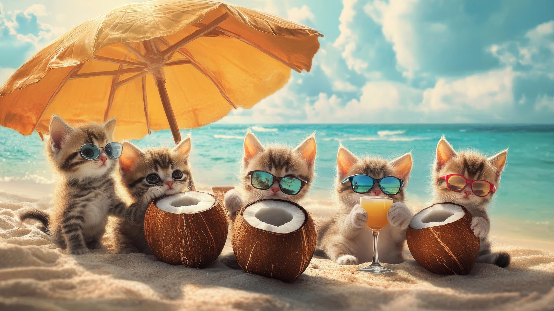 Cute summer wallpaper with playful kittens under a beach umbrella