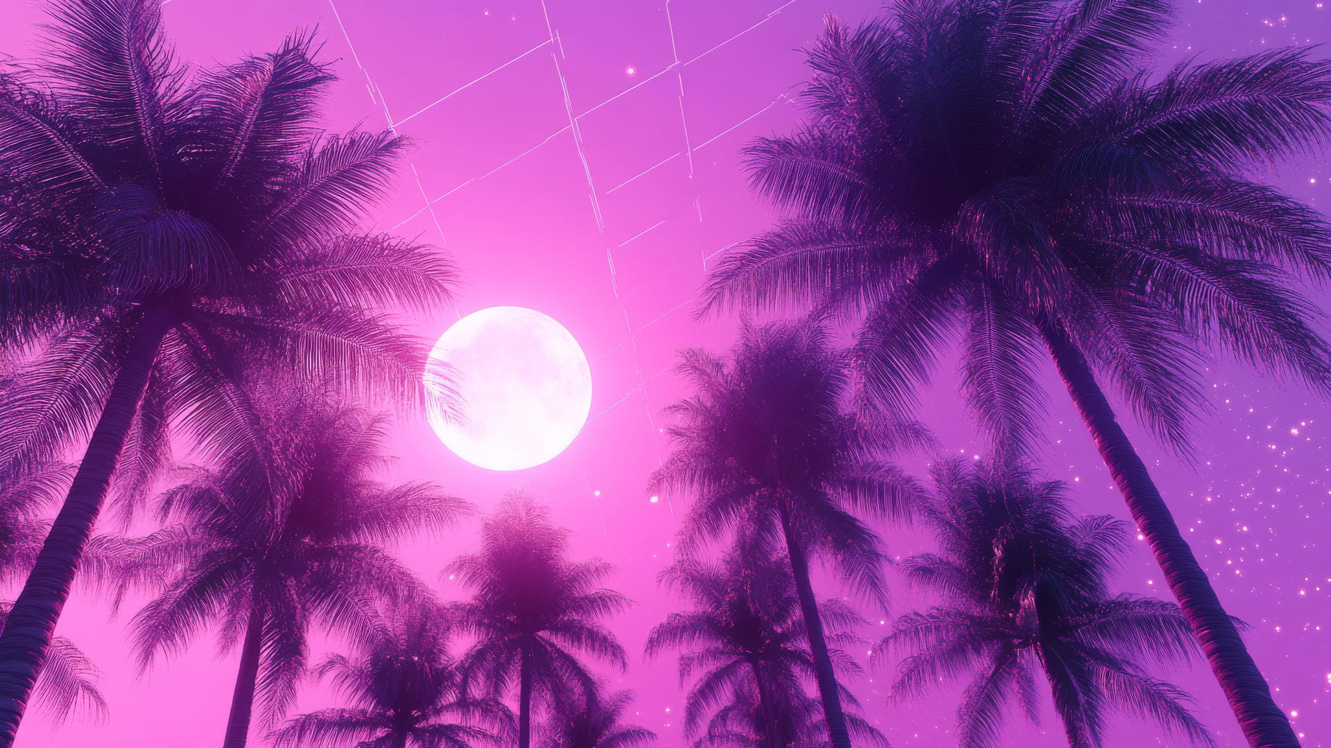 Purple aesthetic wallpaper 4k with neon purple skies, palm trees, and digital grid lines.