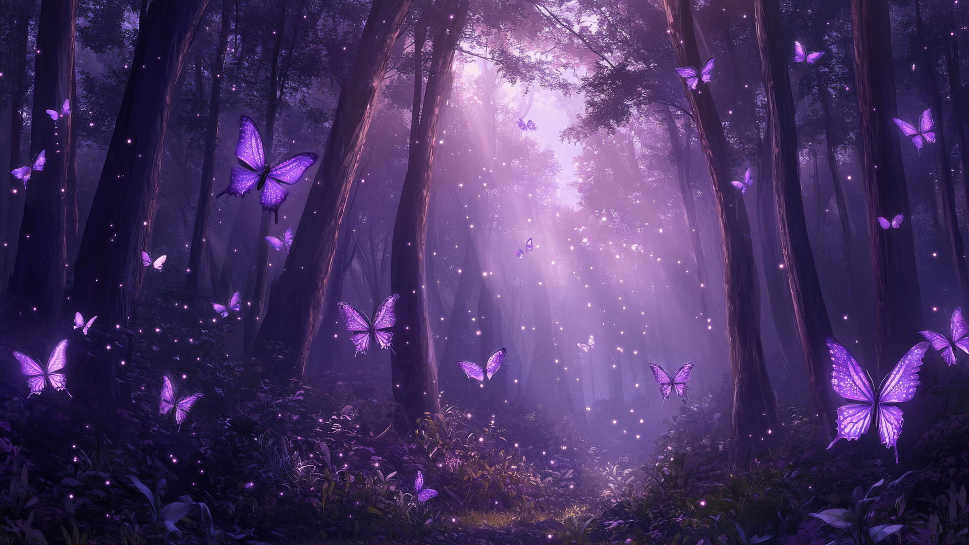 A magical purple butterfly wallpaper in a glowing forest with mist.