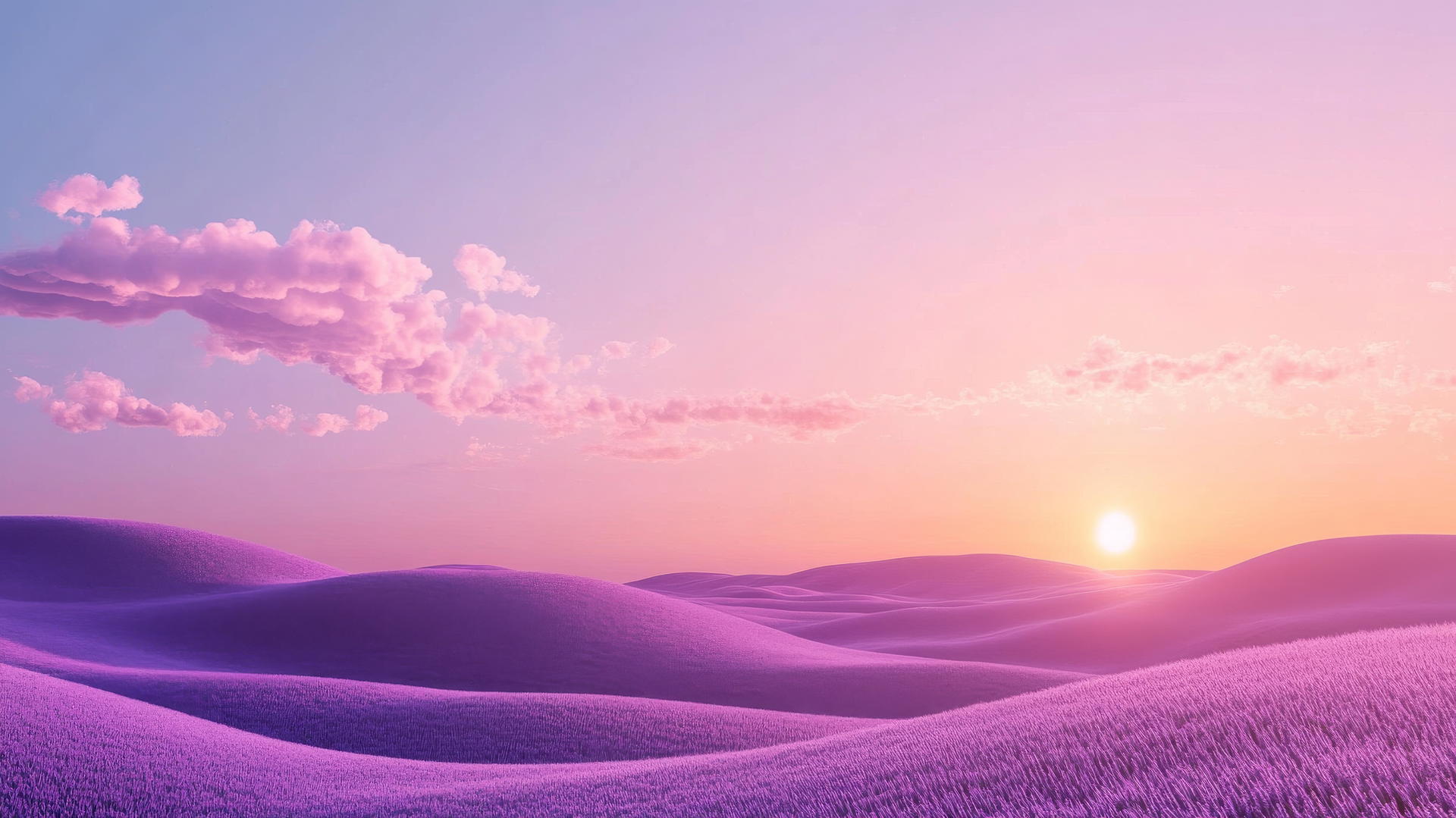 peaceful landscape with rolling lavender hills, light purple sky, and soft pastel clouds, purple wallpaper aesthetic