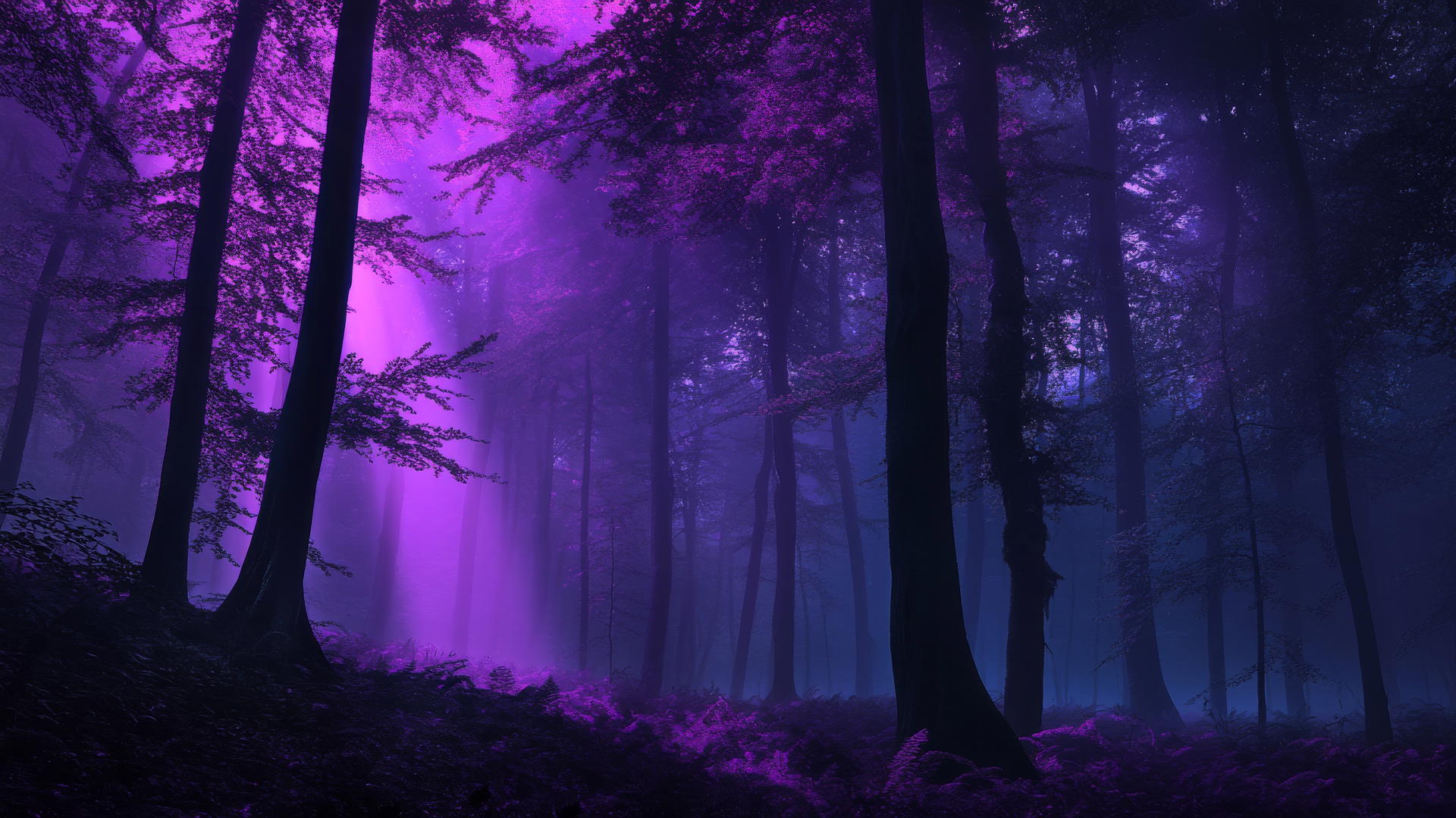 dark purple wallpaper of a forest with glowing mist and eerie shadows