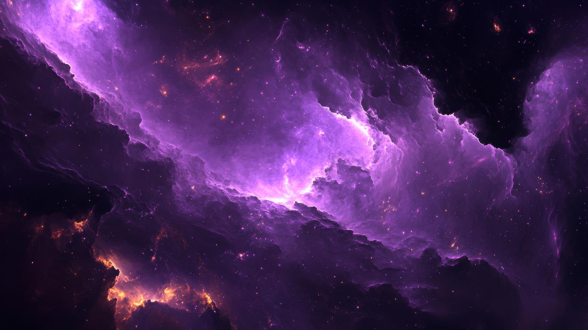 A cosmic purple background wallpaper with swirling galaxies, stars, glowing nebulae, and star clusters.