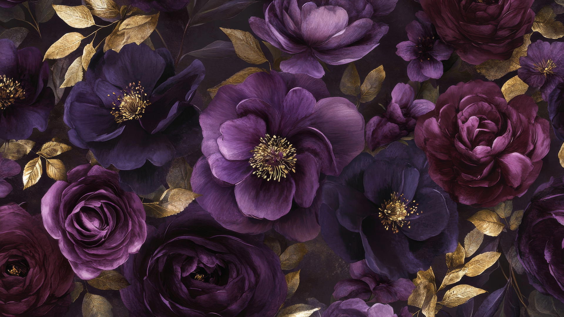 purple flower wallpaper with luxurious roses, peonies, and golden leaves