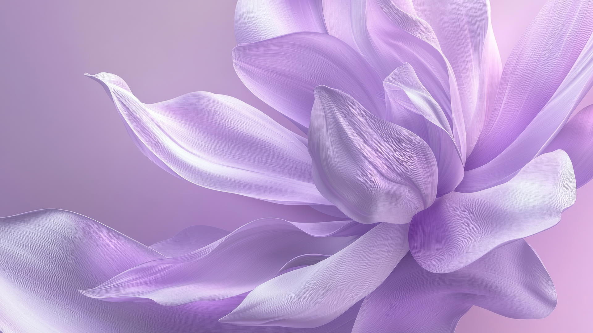 3D-style purple flower wallpaper with large realistic petals on lavender background