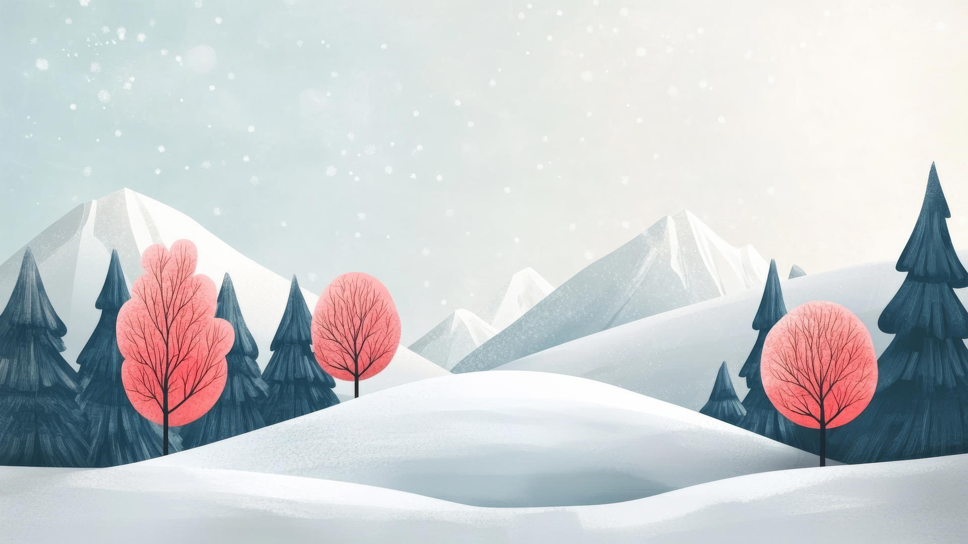 winter wallpaper with abstract shapes of snow, trees, and mountains