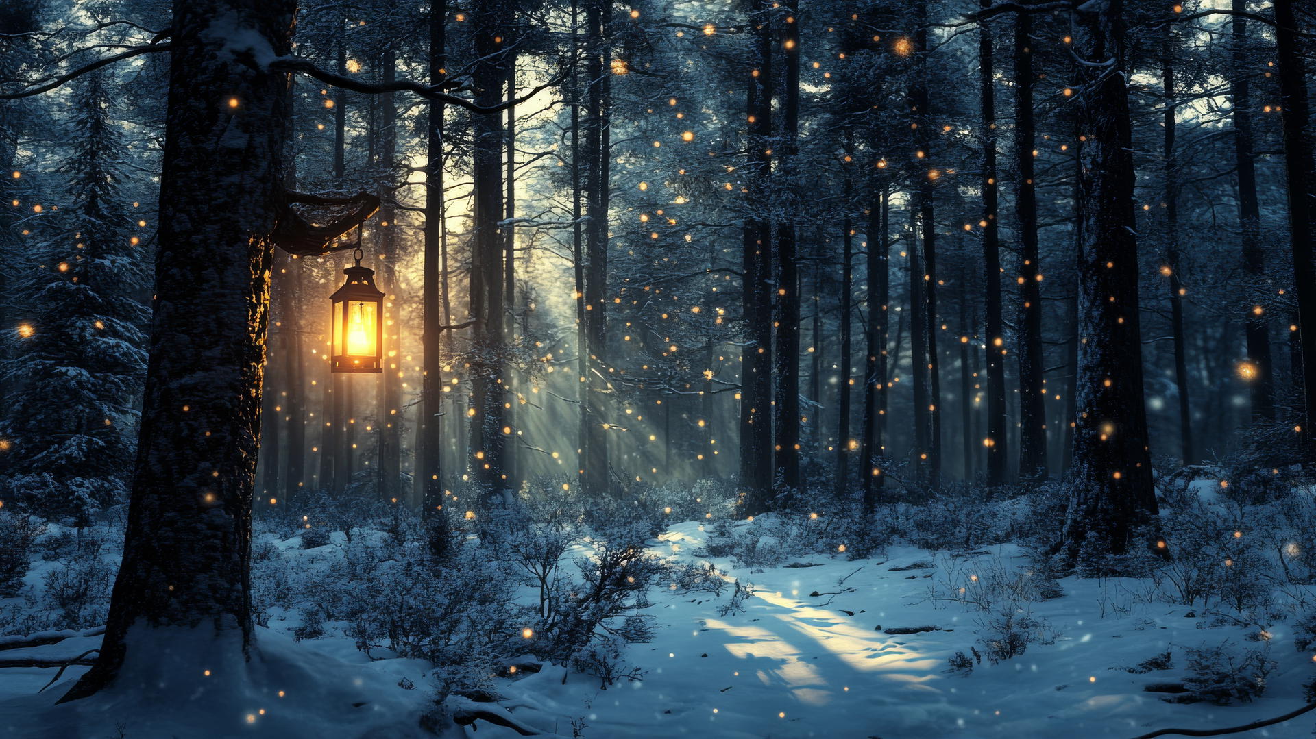 Moody winter forest with lantern glow, winter aesthetic wallpaper