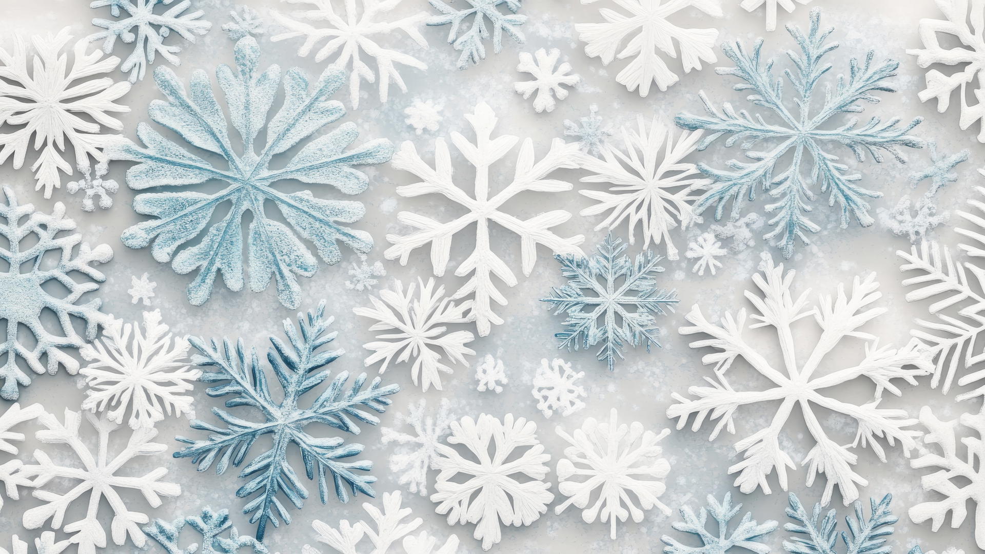winter aesthetic wallpaper with geometric snowflakes in soft blues and whites on pale gray background