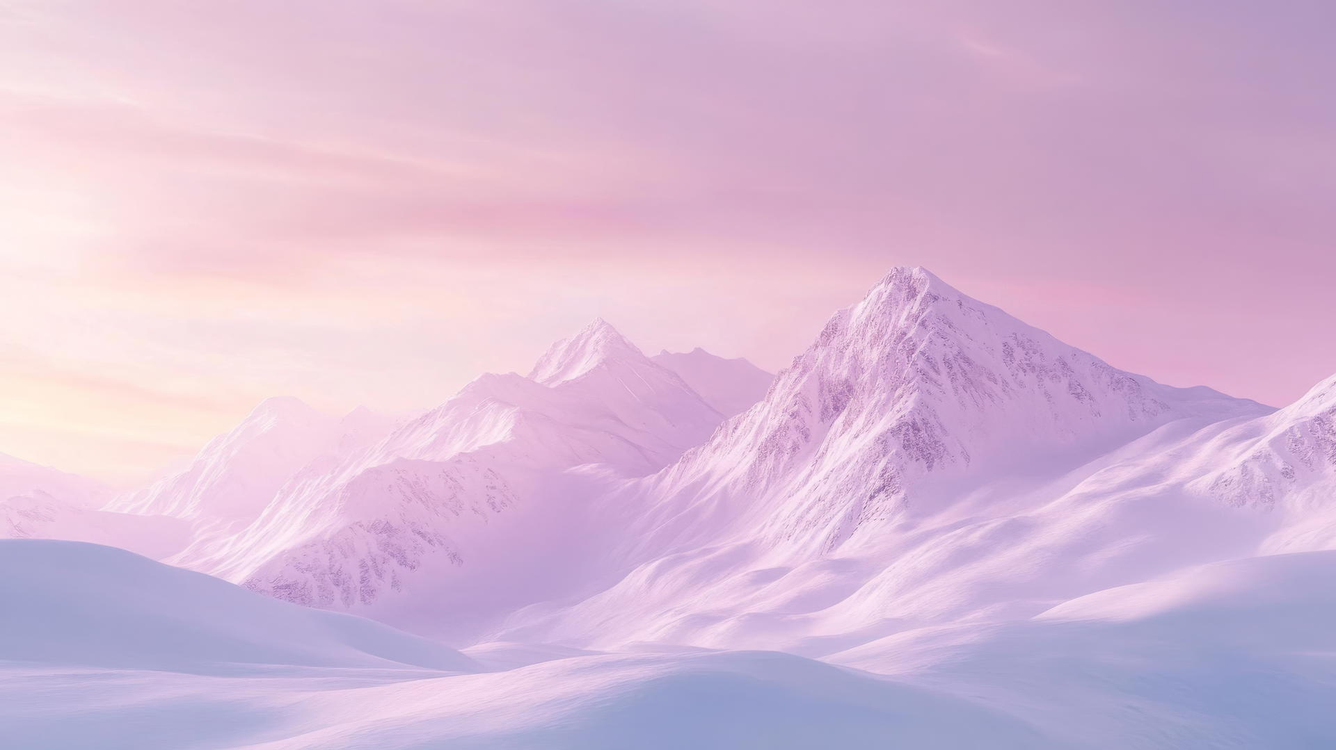 Winter aesthetic wallpaper of pastel-colored snowy mountain range at sunrise