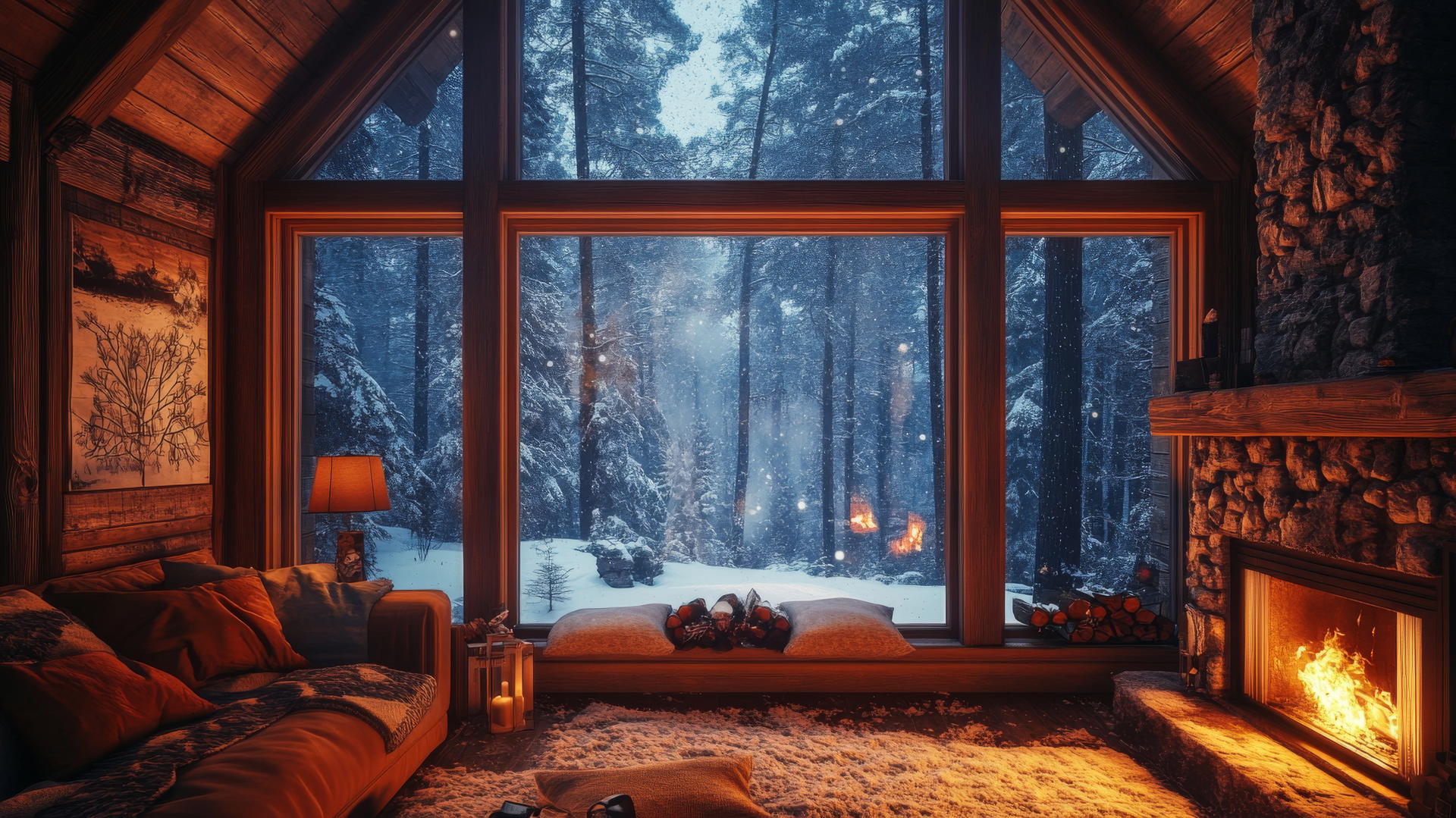 Aesthetic winter wallpaper of a cozy cabin interior with fireplace and snow-covered forest.