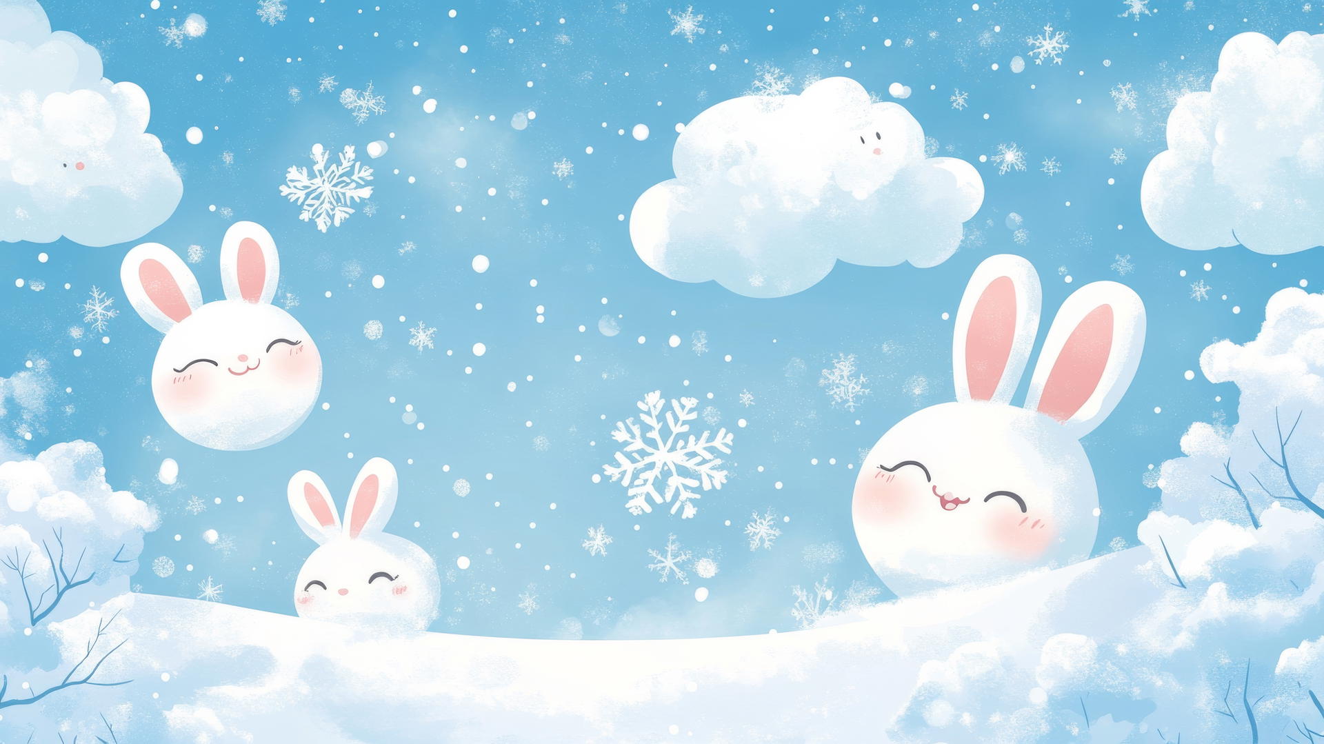 cute winter wallpaper with smiling clouds, snowflakes with faces, and snow bunnies