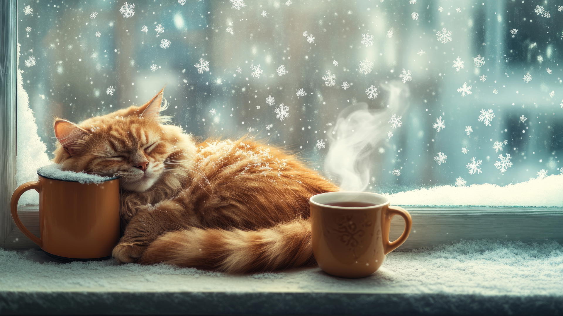 Cozy winter iPhone wallpaper with a fluffy ginger cat on a windowsill next to tea and falling snowflakes.