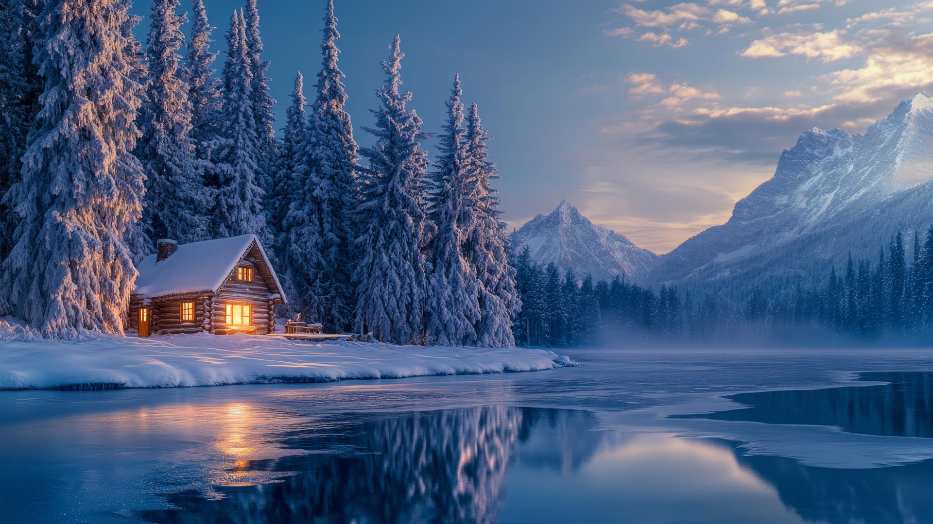beautiful winter wallpaper with a remote cabin by a frozen lake and snowy trees
