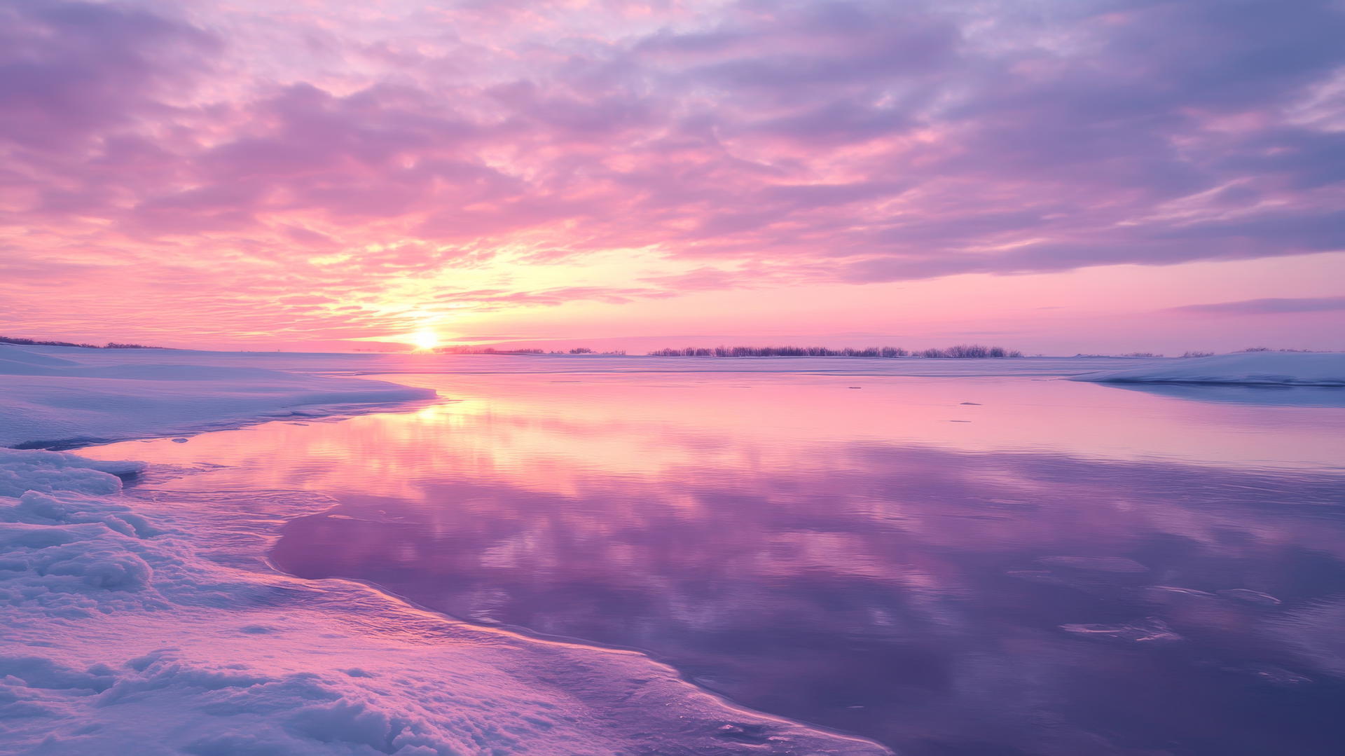 pastel winter sunset reflecting off frozen pond, winter wallpaper aesthetic