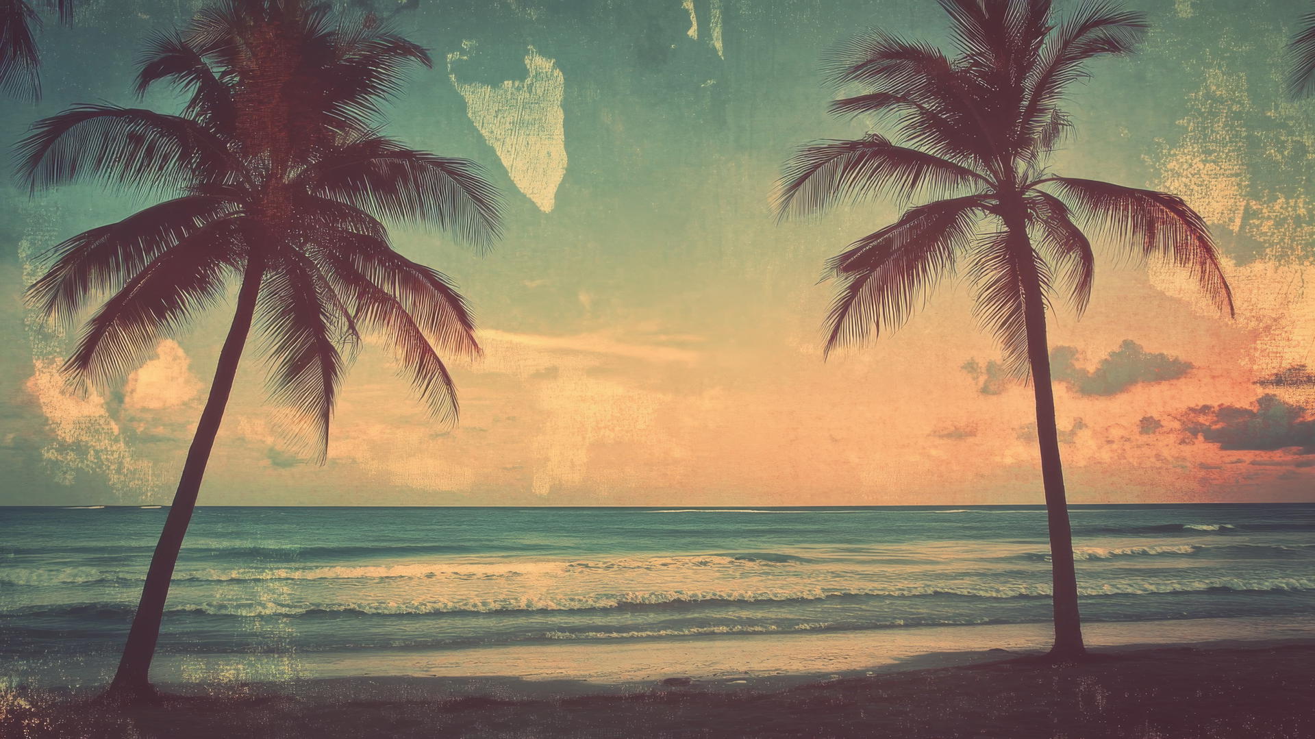 beach aesthetic wallpaper with vintage-style muted tones, faded colors, and palm trees