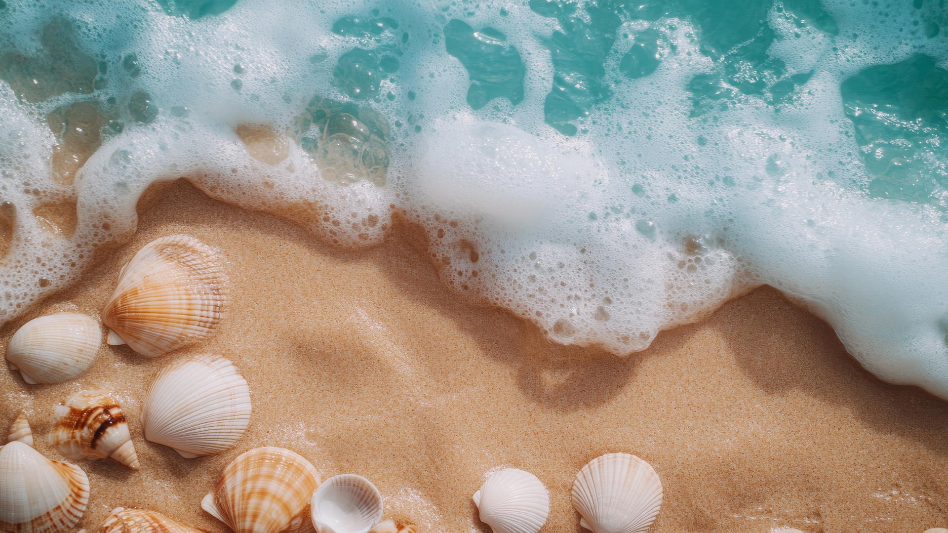 beach aesthetic wallpaper with golden sand, blue waters, seashells, and driftwood