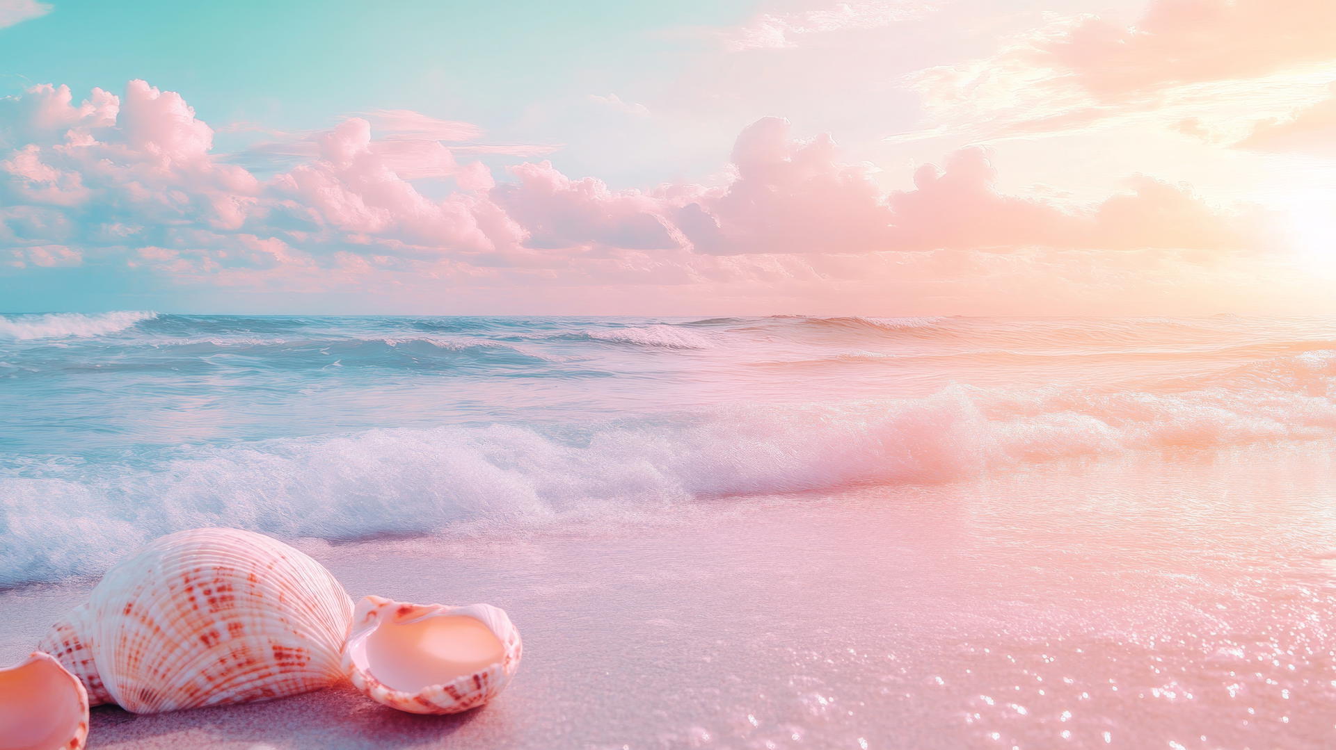 aesthetic beach wallpaper with dreamy pastel skies, delicate seashells, and gentle waves