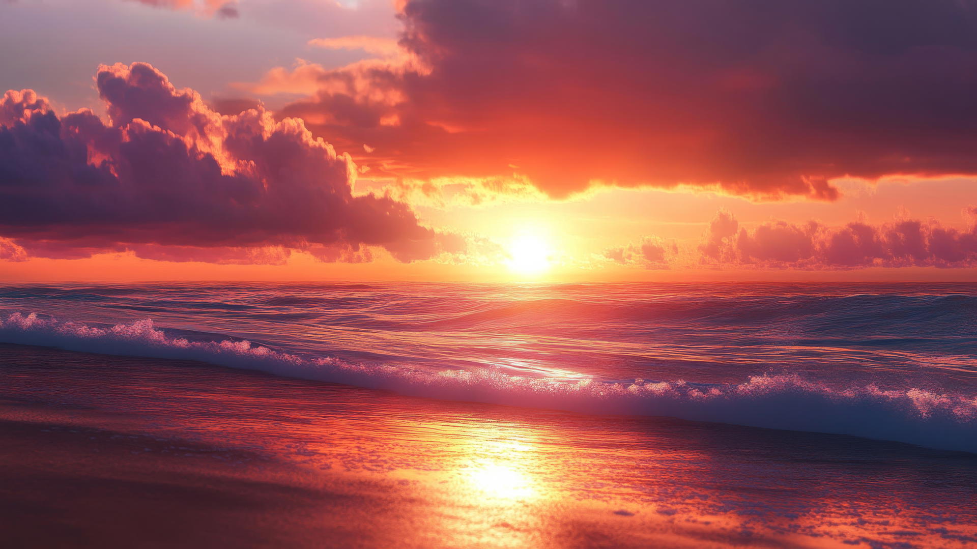 Beach sunset wallpaper with vibrant oranges, pinks, and purples in the sky