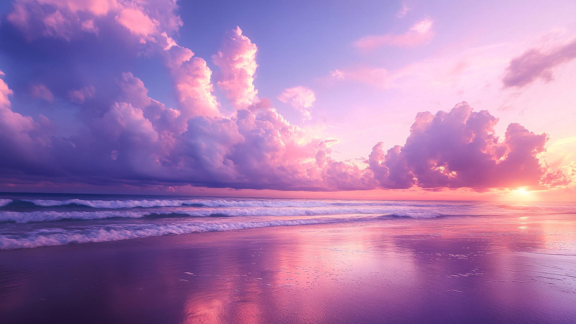 sunset beach wallpaper with dramatic clouds and pink purple sky