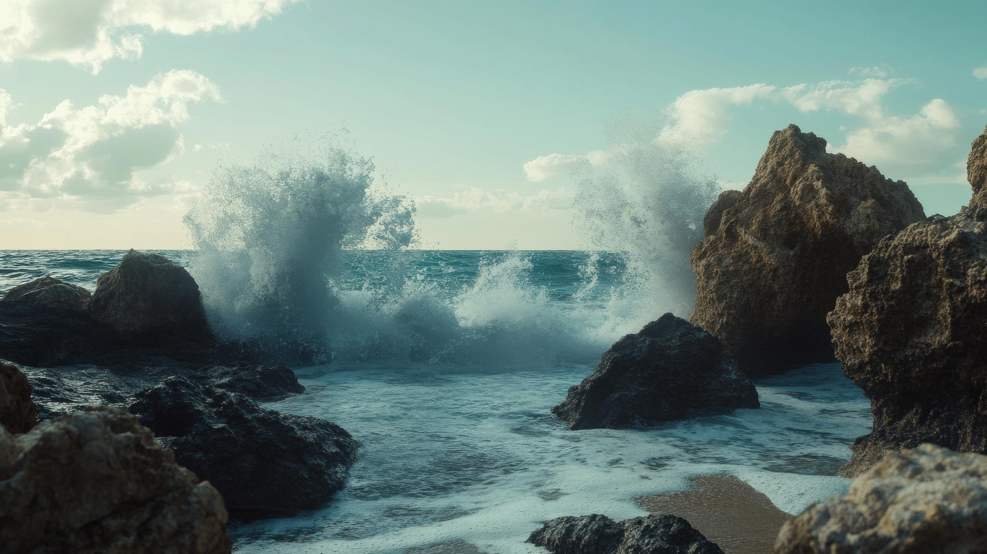 beach wallpaper 4k with powerful waves crashing against rocky formations
